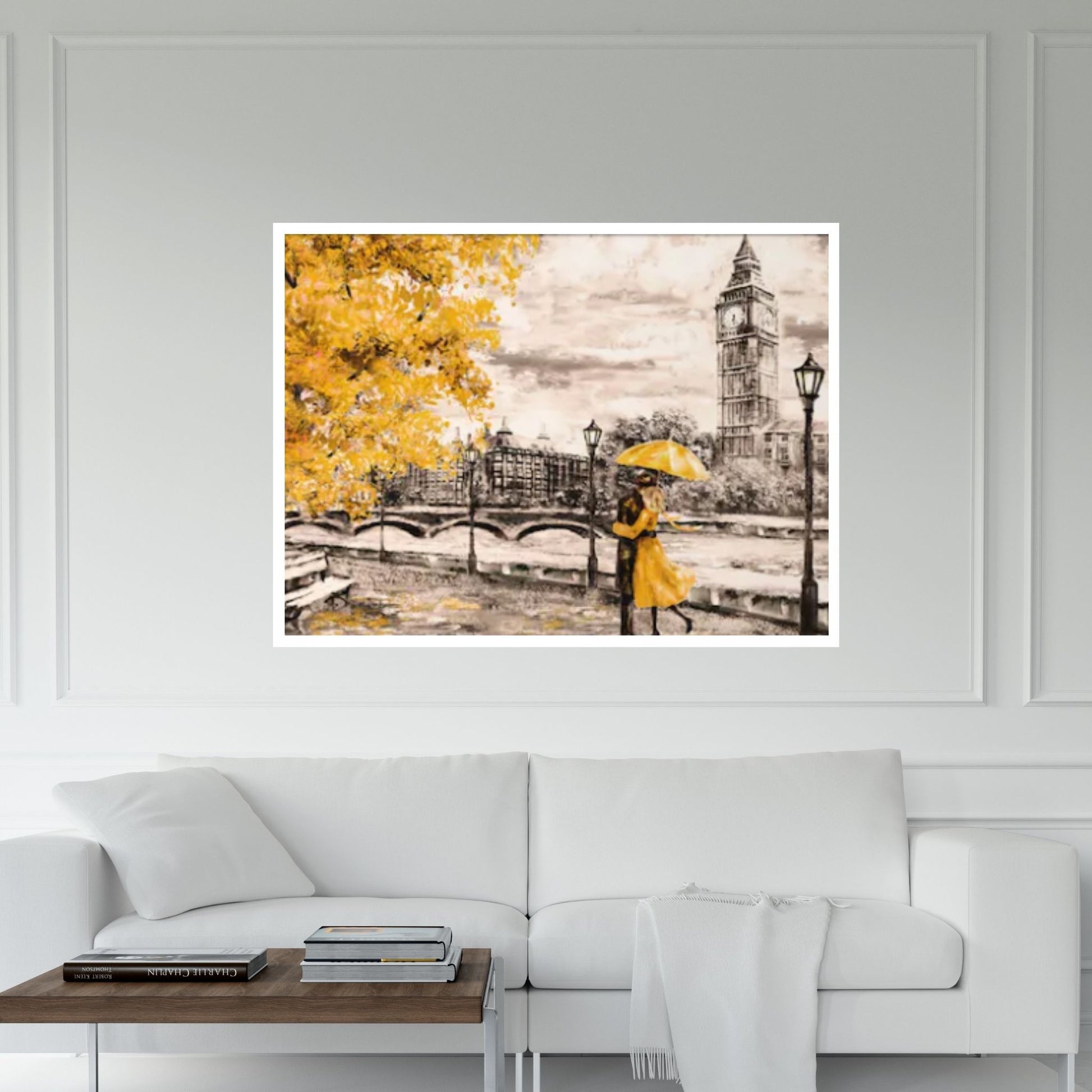 England Bridge illustration Man and woman under Yellow umbrella photo, London street Oil painting Canvas Wall Art - Y Canvas