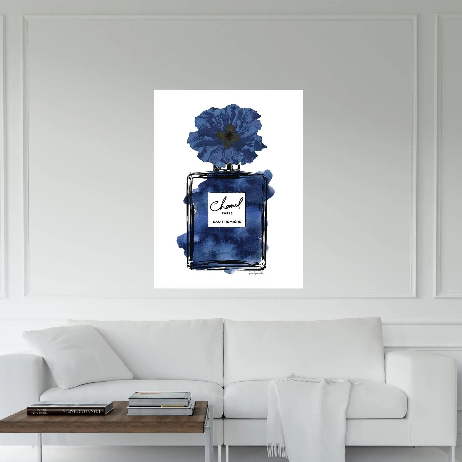 Perfume With Black & Blue Flower Canvas Wall Art - Y Canvas