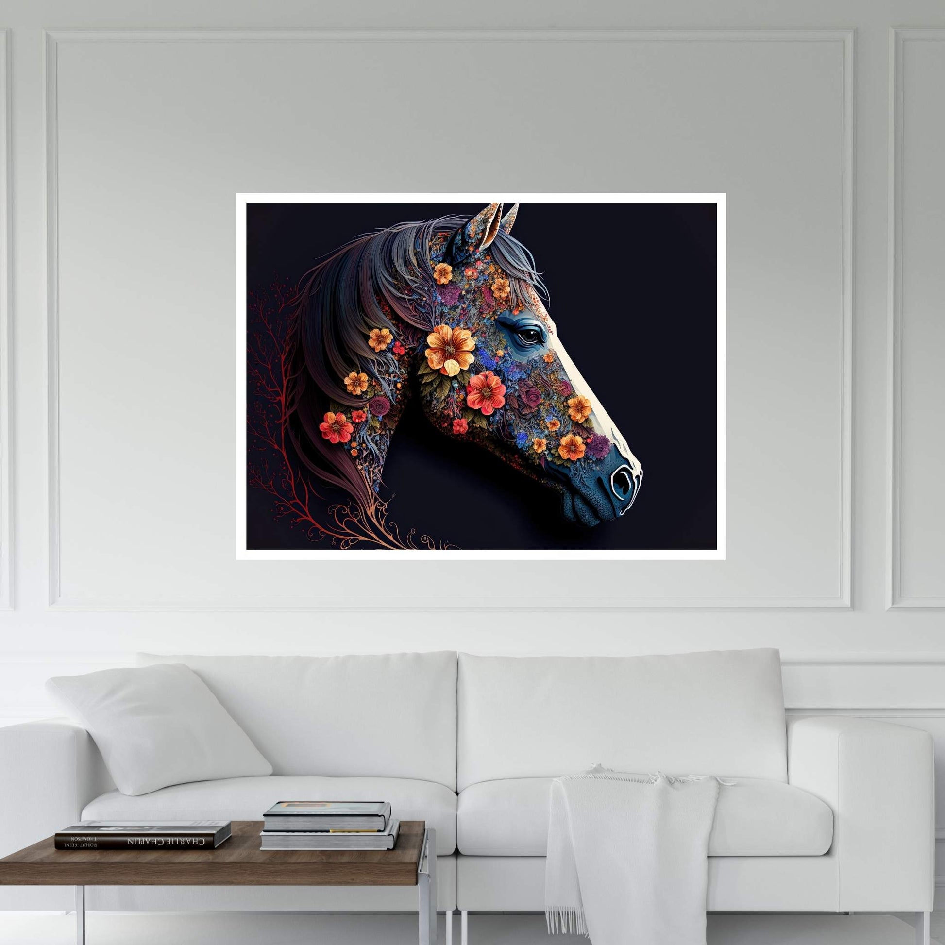 Beautiful Colorful Black Horse Flower Canvas Wall Art , Animal Wall Art - Y Canvas