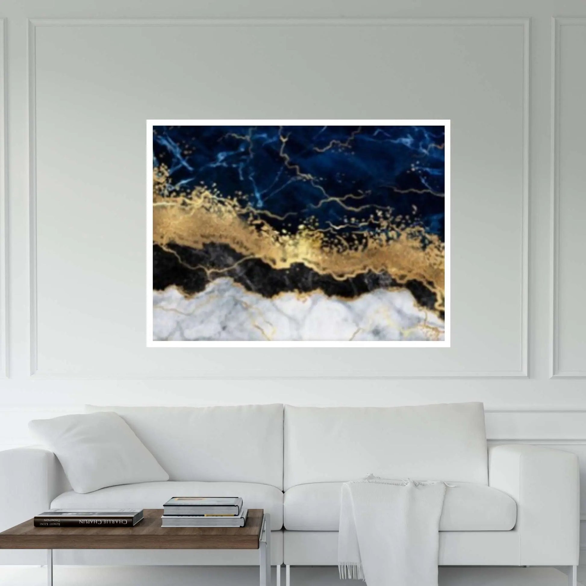 Abstract Navy Blue, White and Gold Marble Canvas Print, Modern Canvas Wall Art, Stone Art Print - Y Canvas