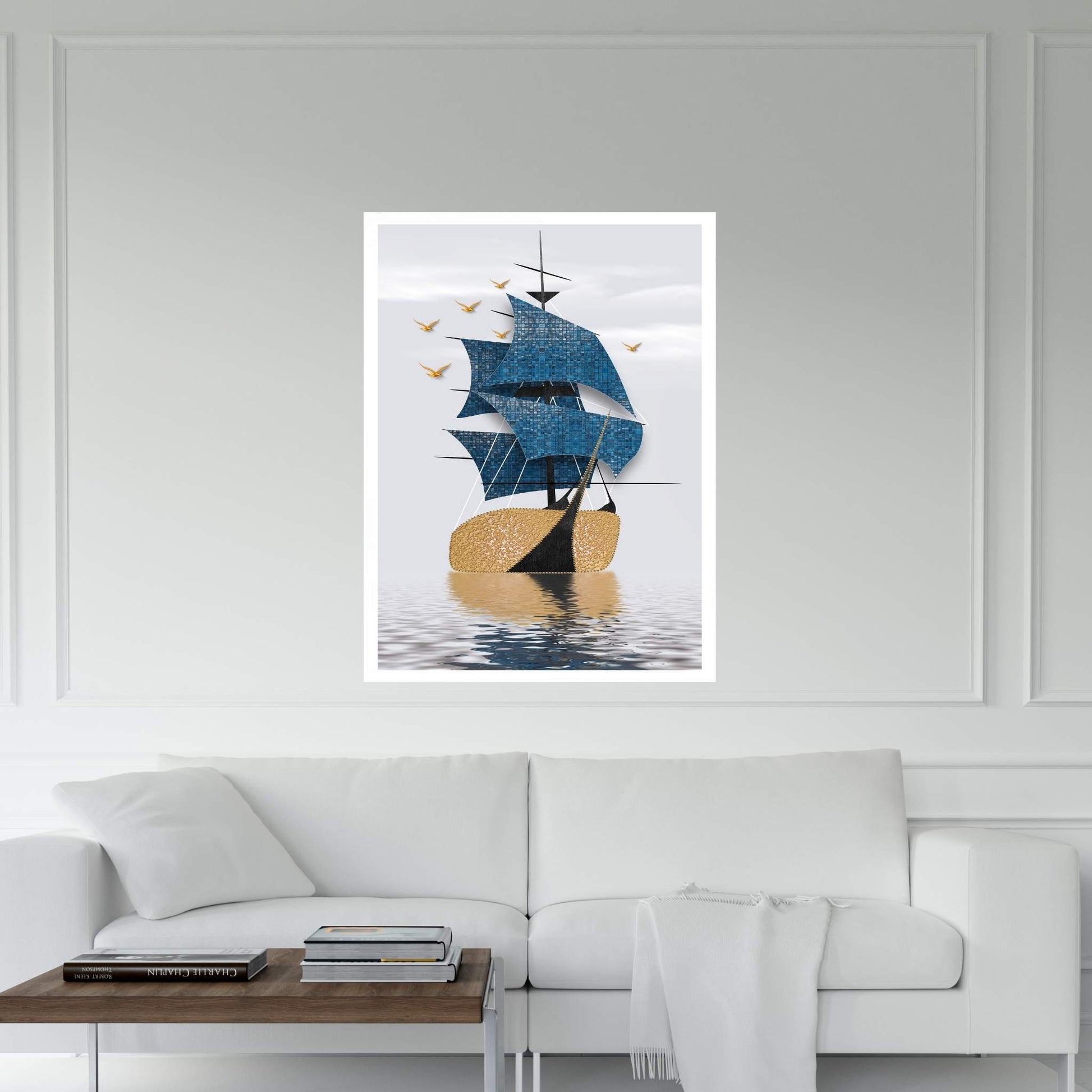 Blue Gold Boat, Ship Landscape, Birds, Sea Canvas Wall Art Print - Y Canvas