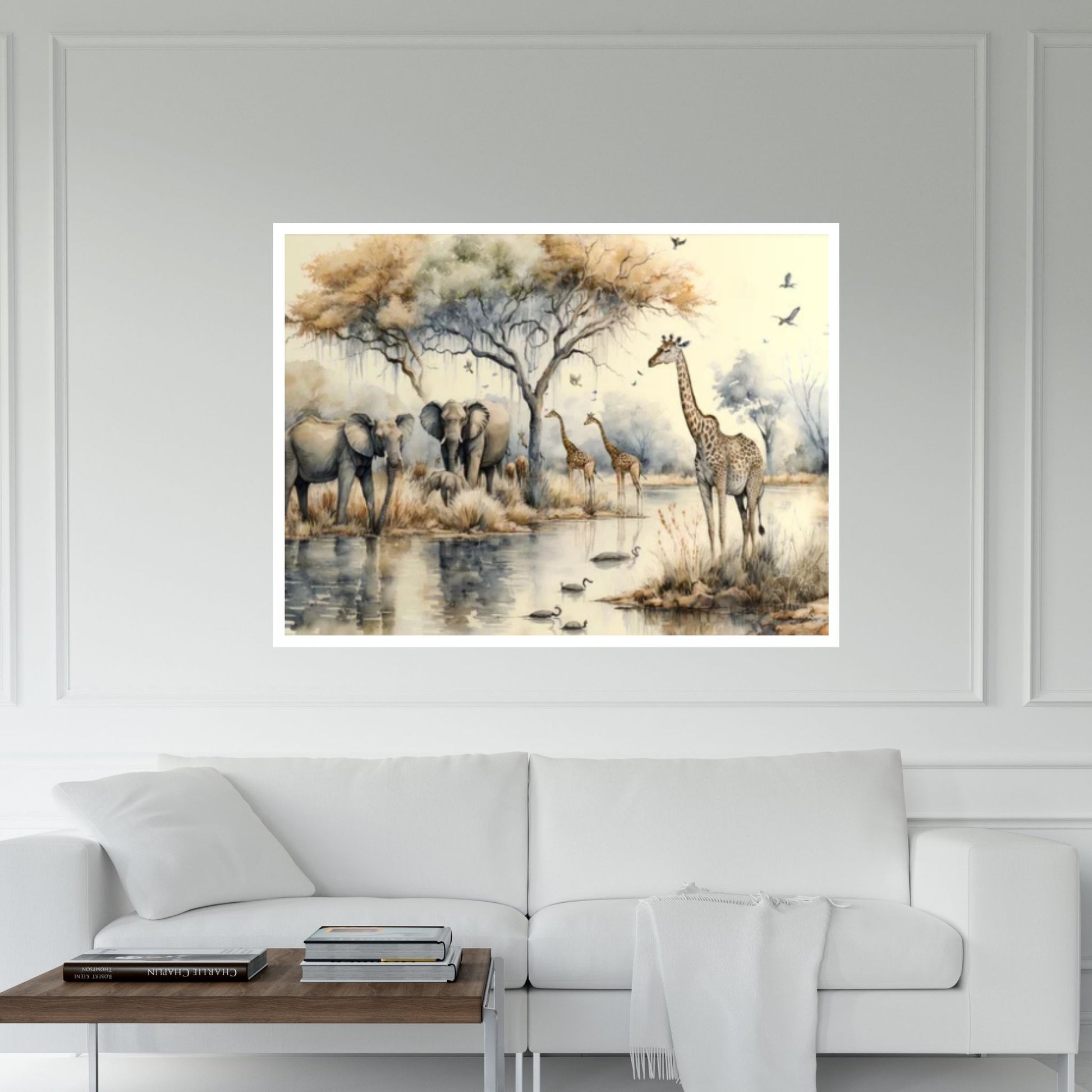 African Safari Tropical Jungle with trees , giraffes, elephants and birds Canvas Wall Art - Y Canvas