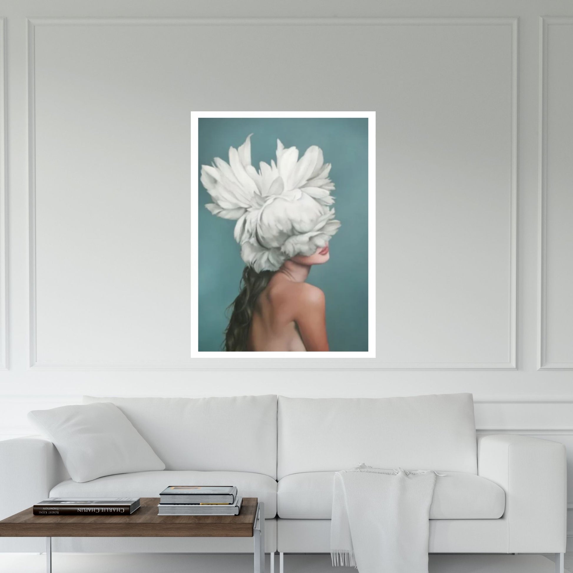 White Floral Woman Canvas Art, Blue Bird And Woman Wall Art, Woman with Flower and Bird Head, Flowers - Y Canvas