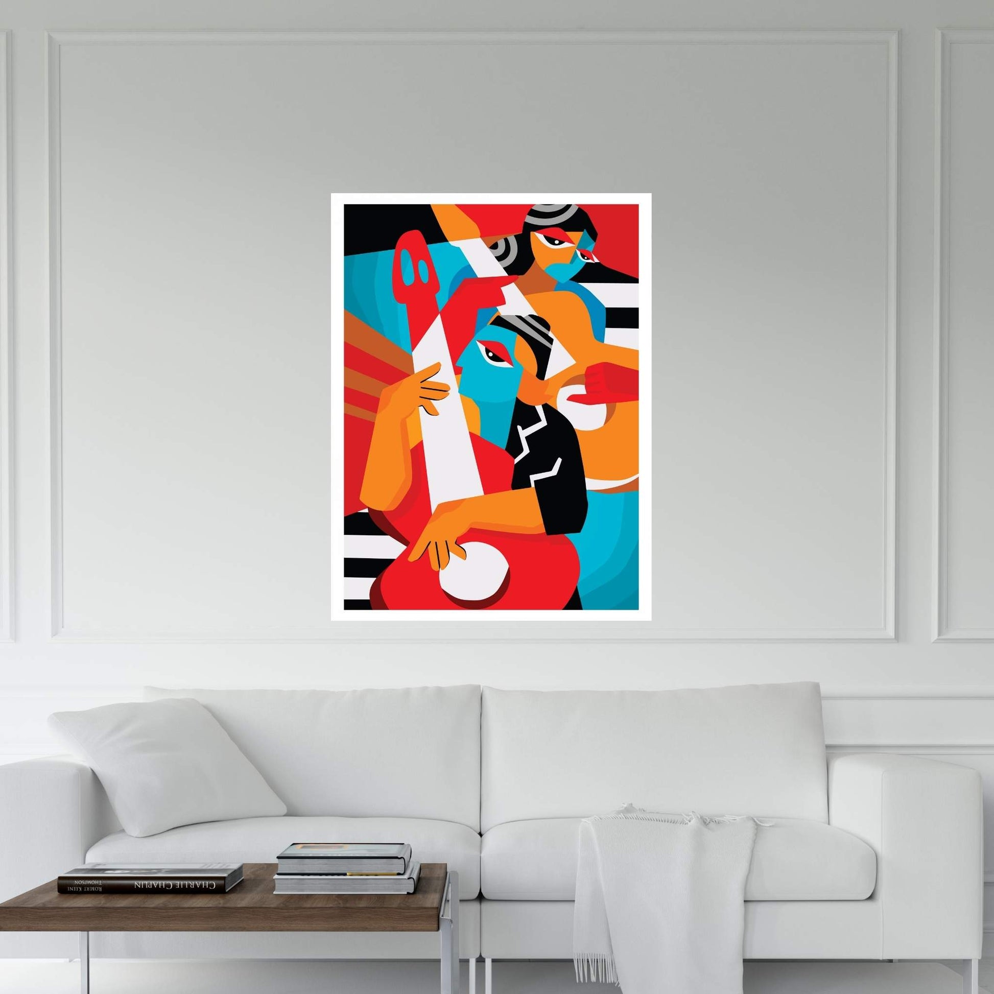 Husband and Wife Couple Playing Picasso Style Musical Instruments Canvas Wall Art - Y Canvas