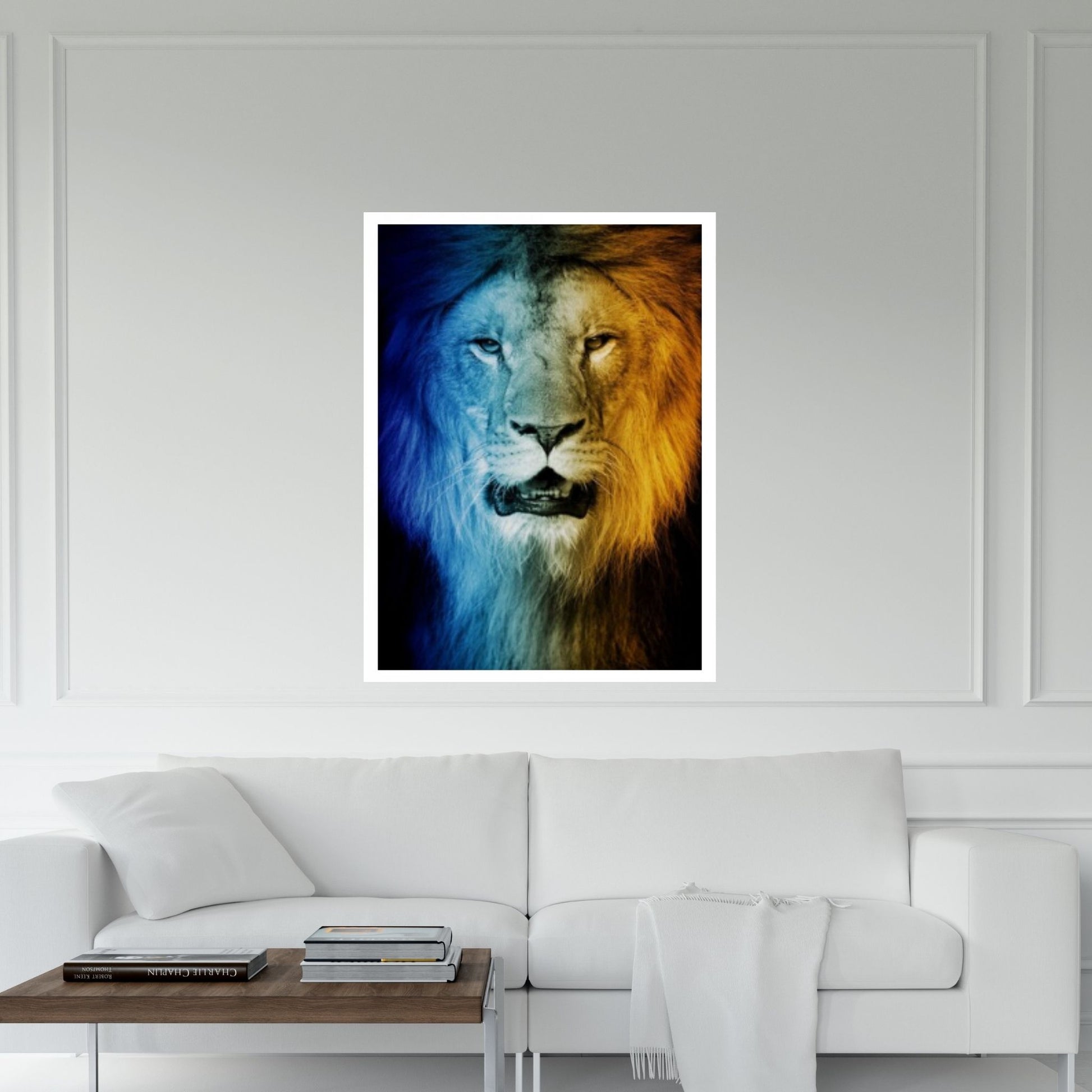 African Lion Canvas Wall Art, Black and white blue eyes lion Canvas Print - Y Canvas