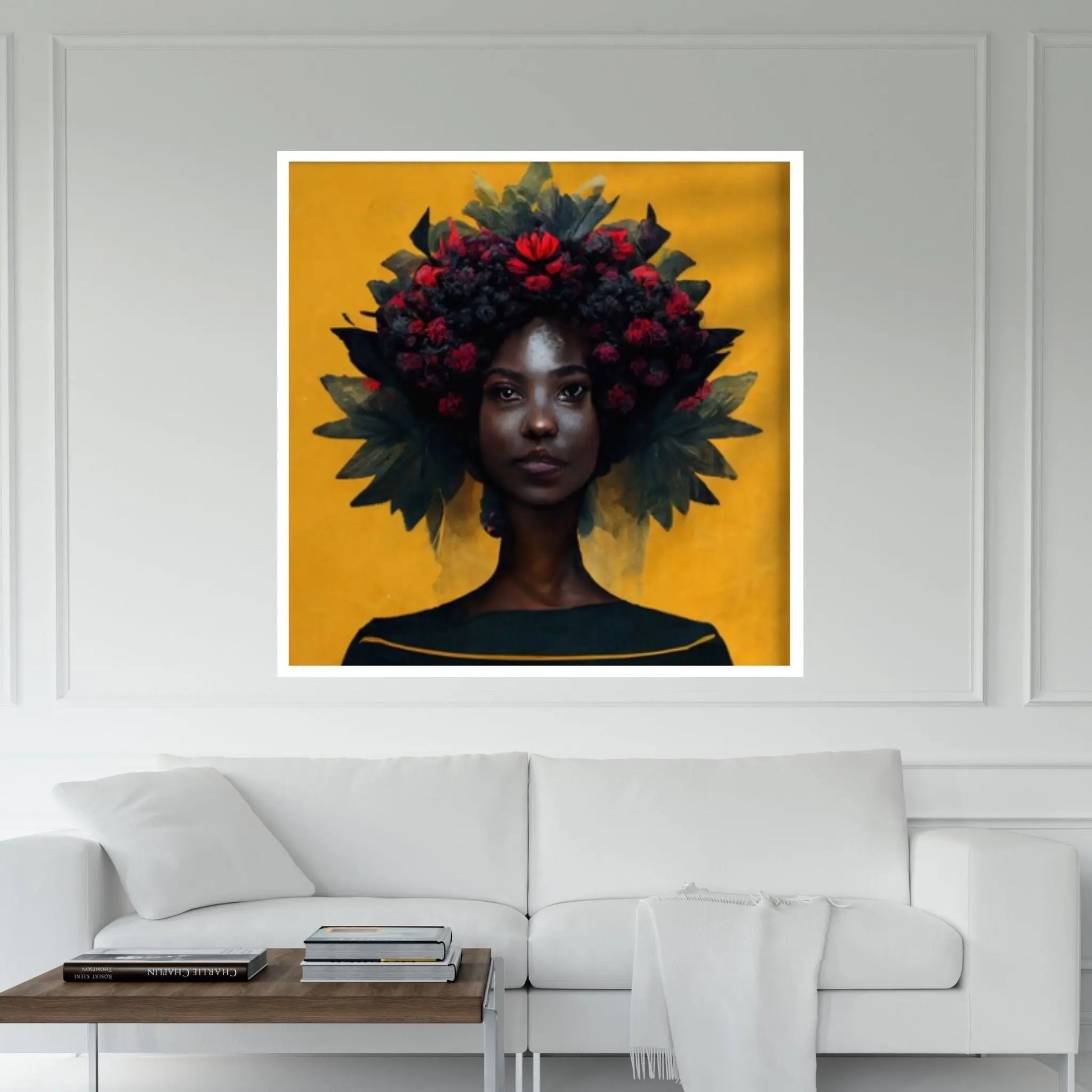 Black woman head flowers Canvas wall art,Black art, Black girl print, flower woman painting, Girl Flowers Poster - Y Canvas