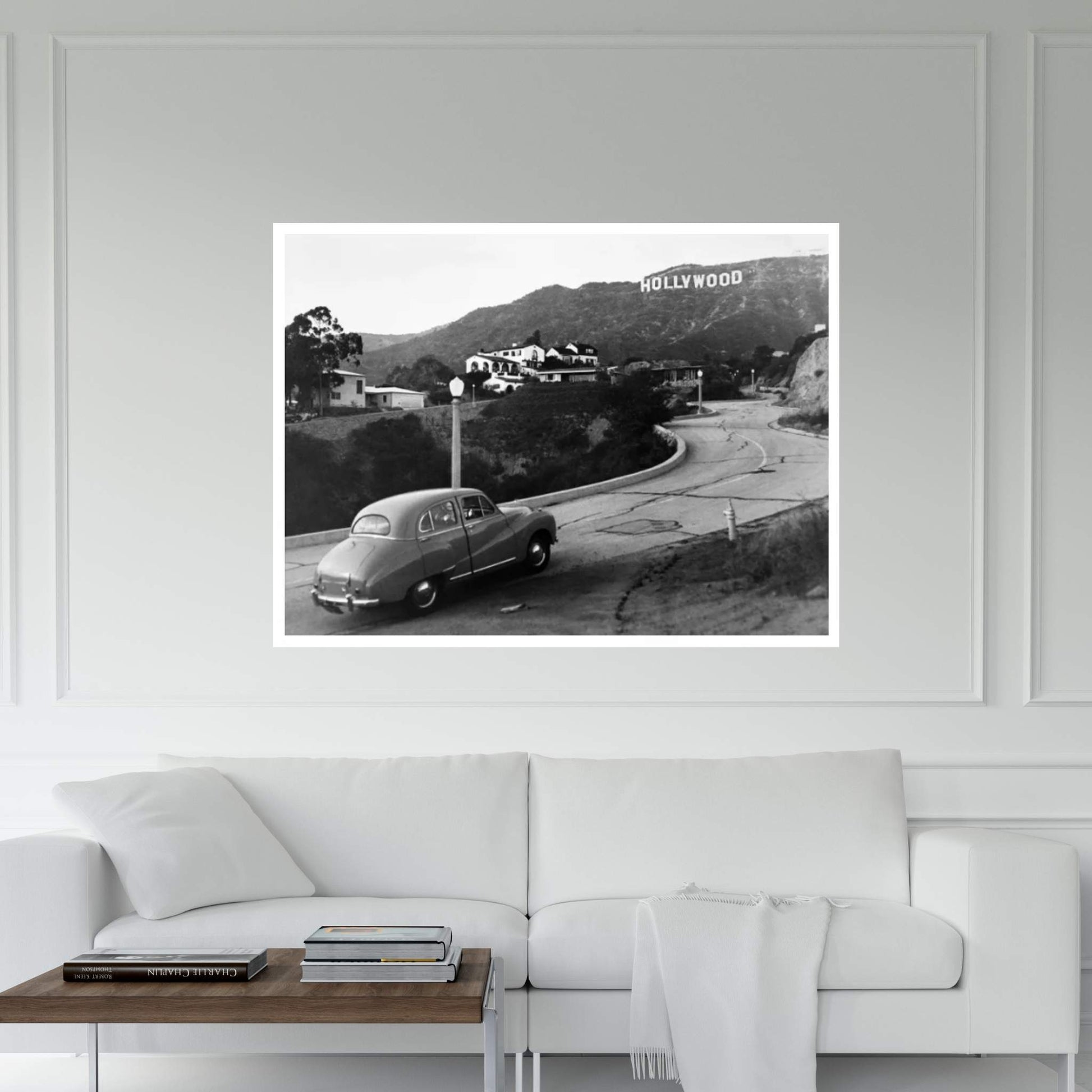 1950s Austin Car Driving Up The Hollywood Hills With Hollywood Sign In Distance Los Angeles Ca USA Canvas Wall Art - Y Canvas