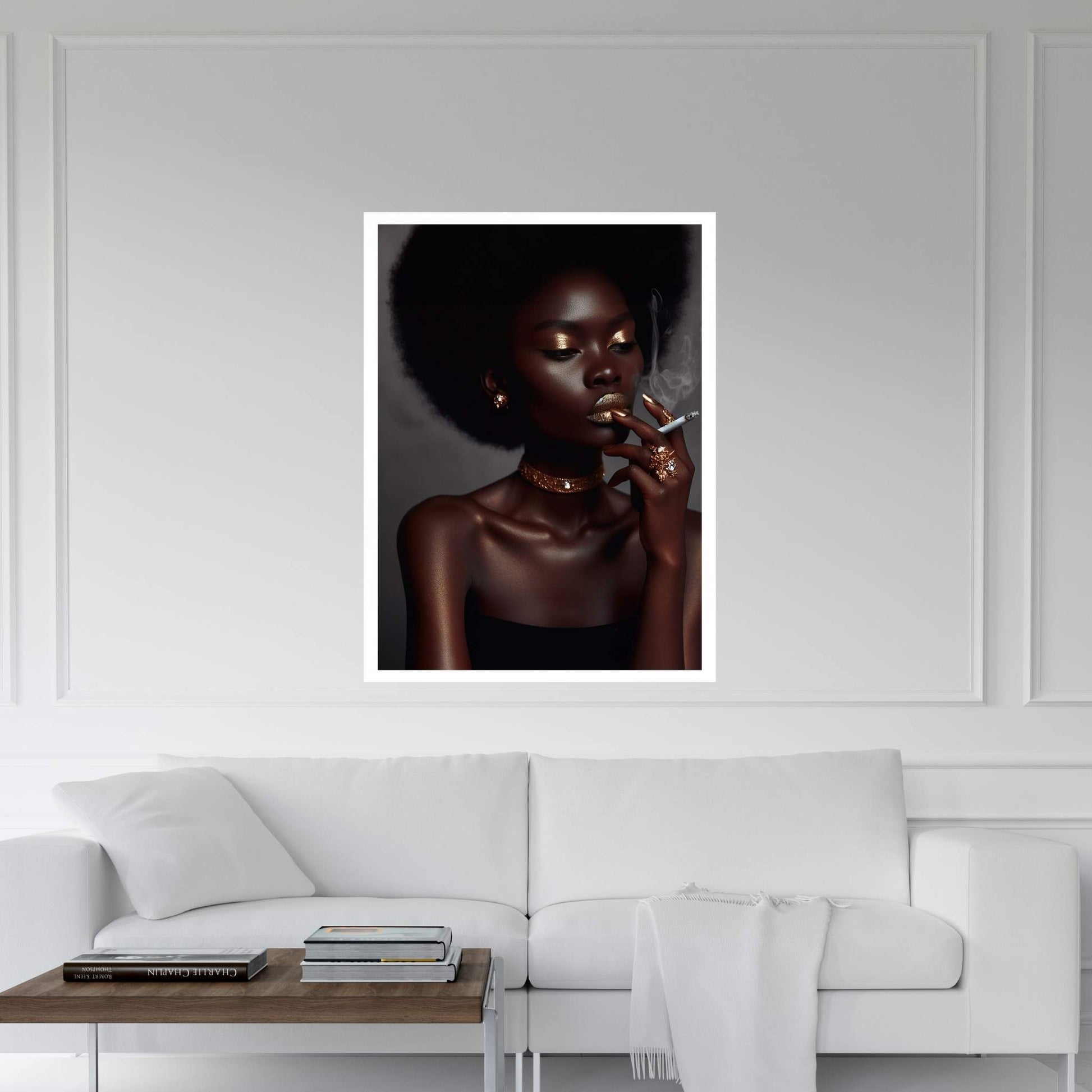 African Black Woman Gold Make-up Smoke Canvas Portrait Canvas Wall Art - Y Canvas