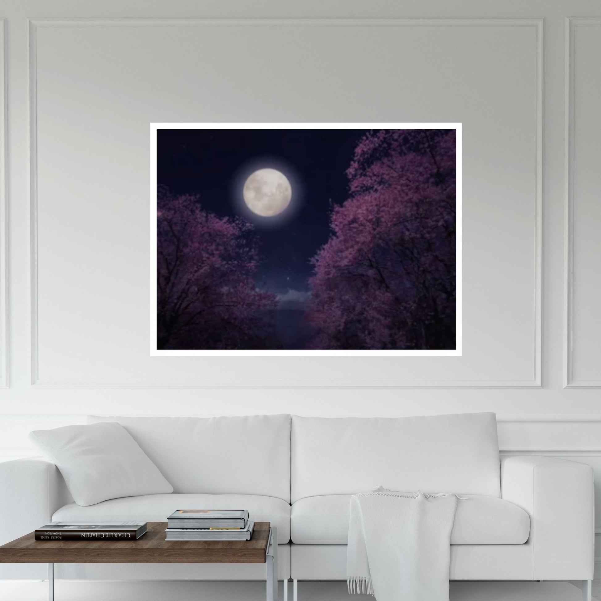 Moon over the Sea, Cherry Tree Blossoms Painting Print on Canvas - Y Canvas