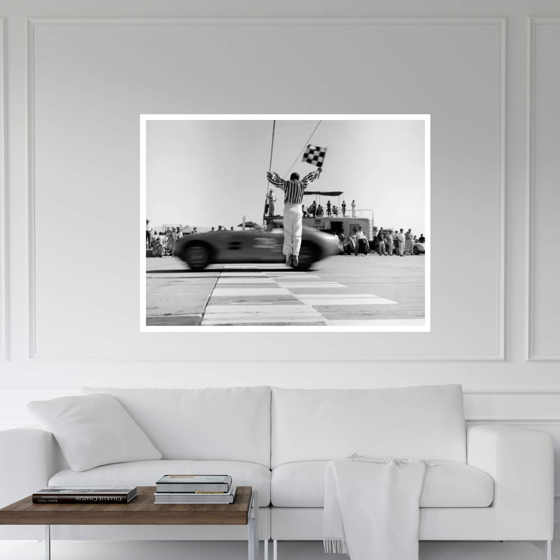 1960s Man Jumping Waving Checkered Flag For Winning Sports Car Crossing The Finish Line Canvas Wall Art - Y Canvas