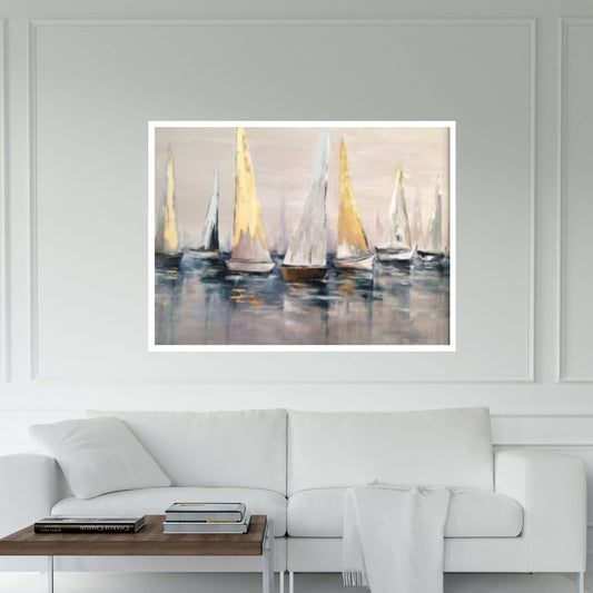 Original Sailboats Gather in The Harbor Landscape To Canvas Wall Art ,Nautical oil painting art on Canvas, Large Sailboat abstract painting - Y Canvas