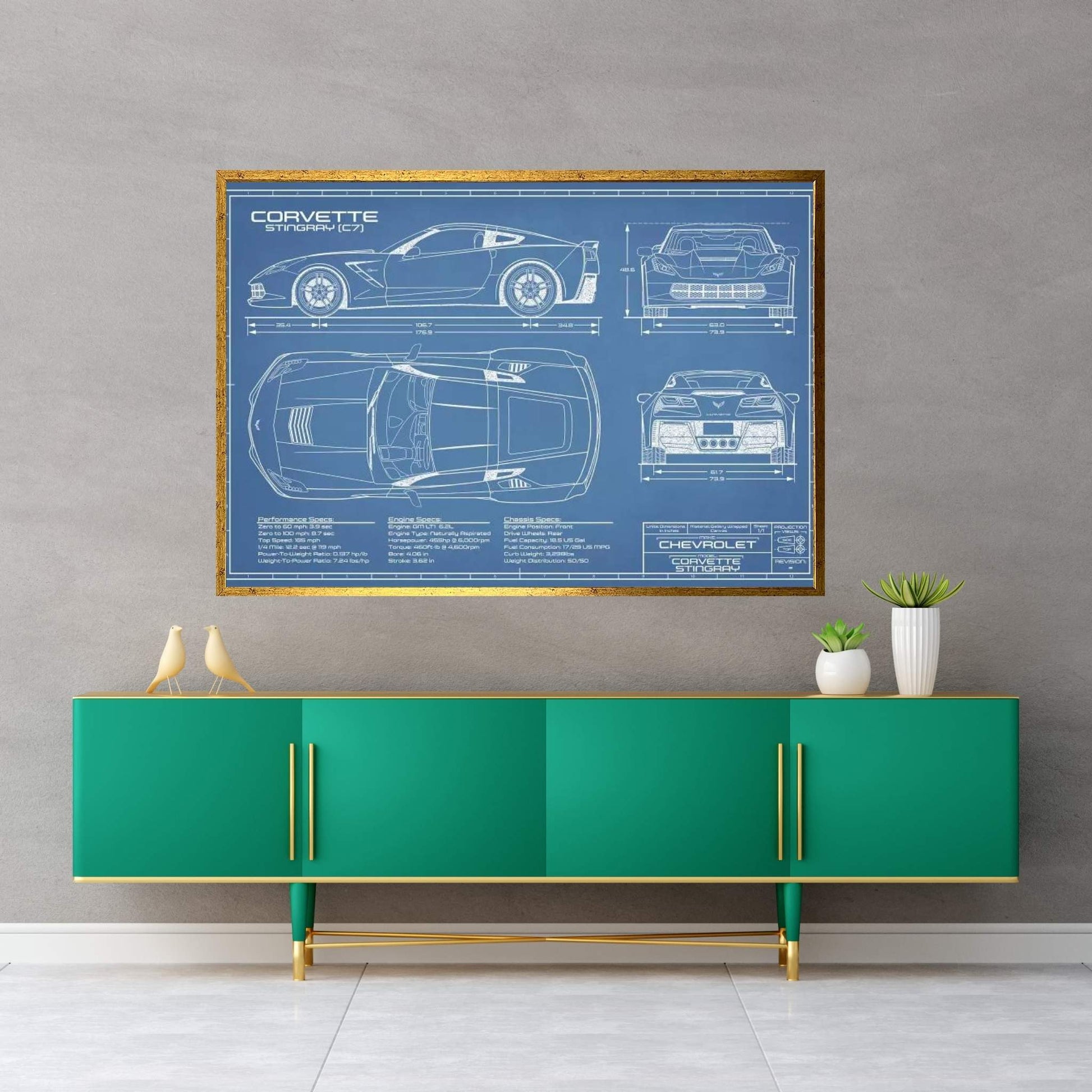 Corvette (C7) Stingray Blueprint Canvas Wall Art - Y Canvas