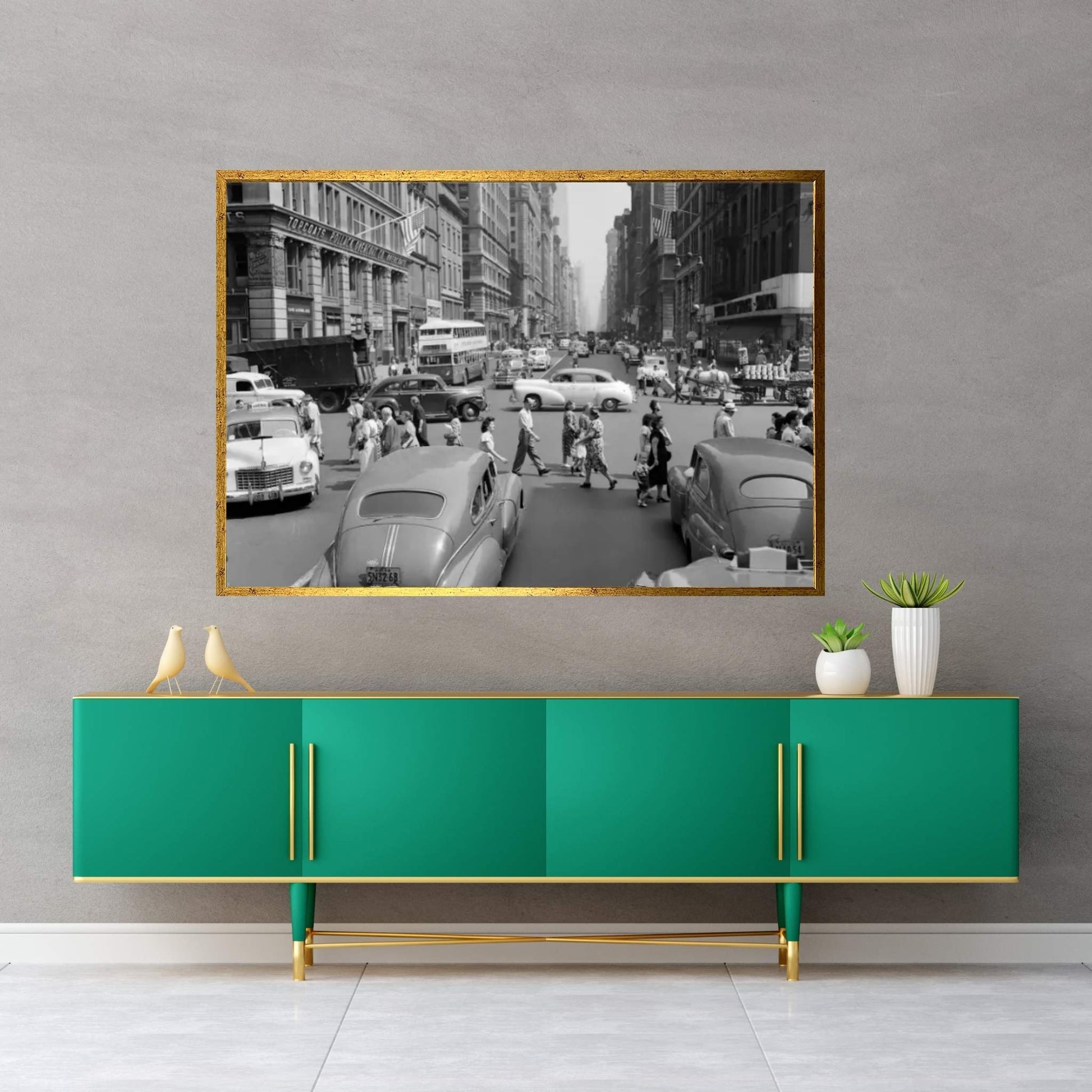 1940s-1950s Street Scene Crowds Traffic Intersection Fifth Avenue & 14th Street Manhattan NY New York City Canvas Wall Art - Y Canvas