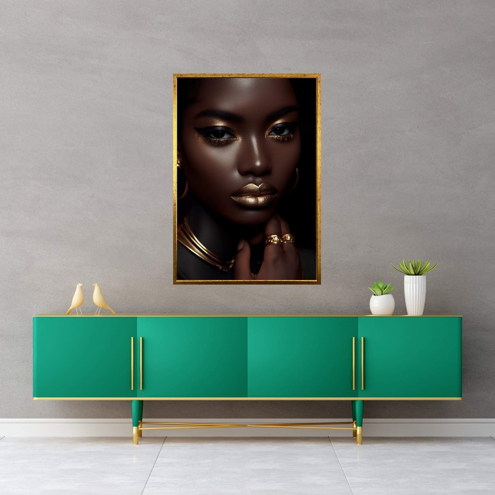 African Black Woman Gold Make-up Canvas Portrait Canvas Wall Art - Y Canvas