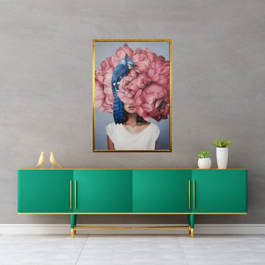 Pink Floral Woman Canvas Art, Blue Bird And Woman Wall Art, Woman with Flower and Bird Head - Y Canvas