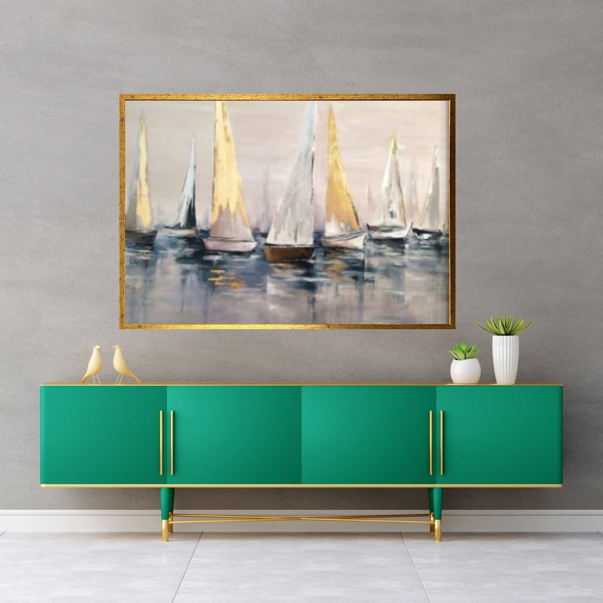 Original Sailboats Gather in The Harbor Landscape To Canvas Wall Art ,Nautical oil painting art on Canvas, Large Sailboat abstract painting - Y Canvas