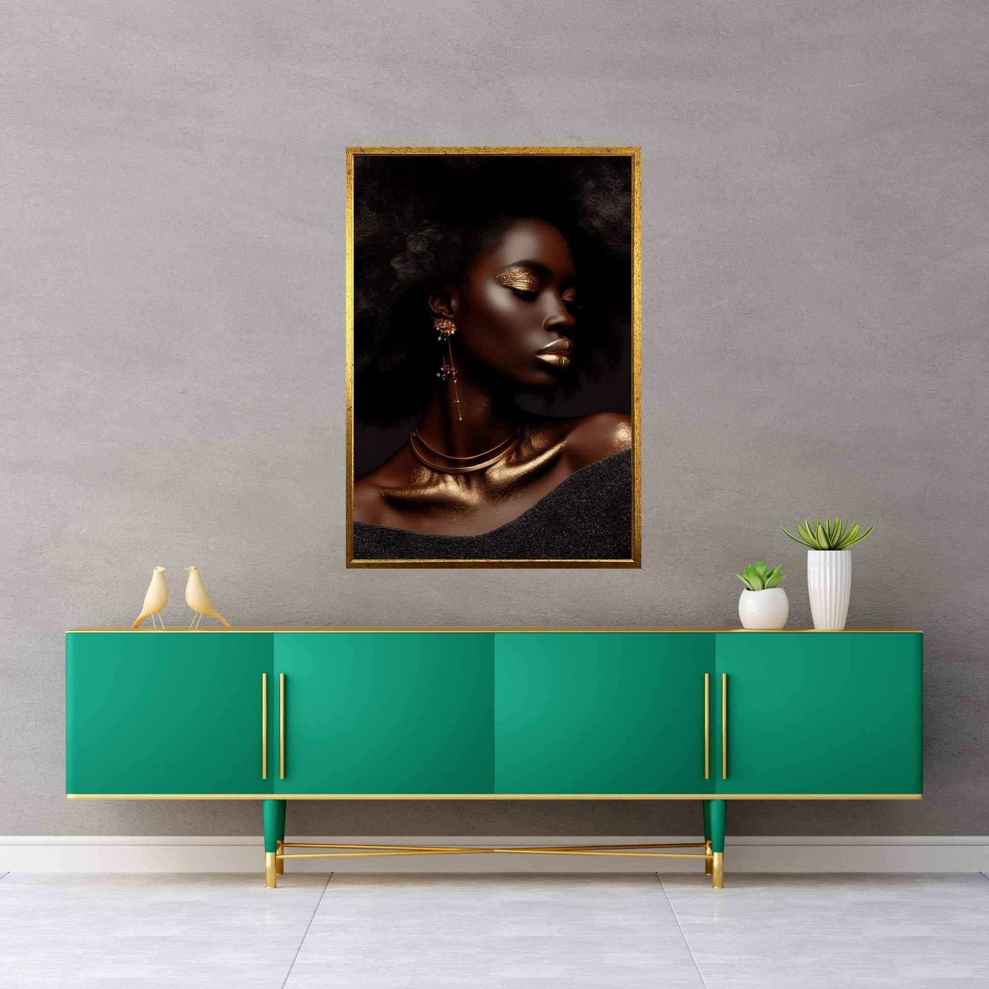 African Black Woman Gold Make-up Canvas Portrait Canvas Wall Art - Y Canvas