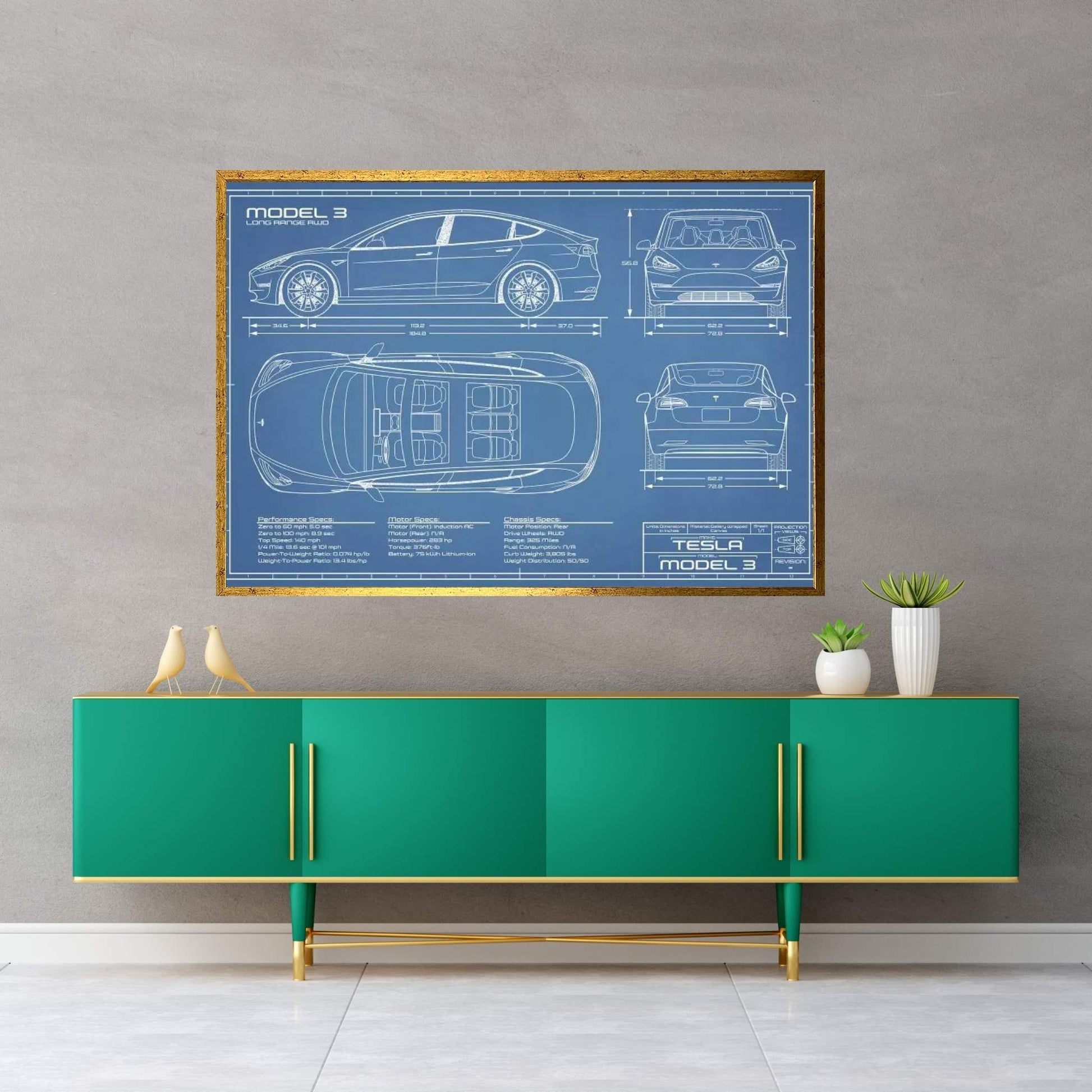 Tesla Model 3 (Long Range RWD) Blueprint Canvas Wall Art - Y Canvas