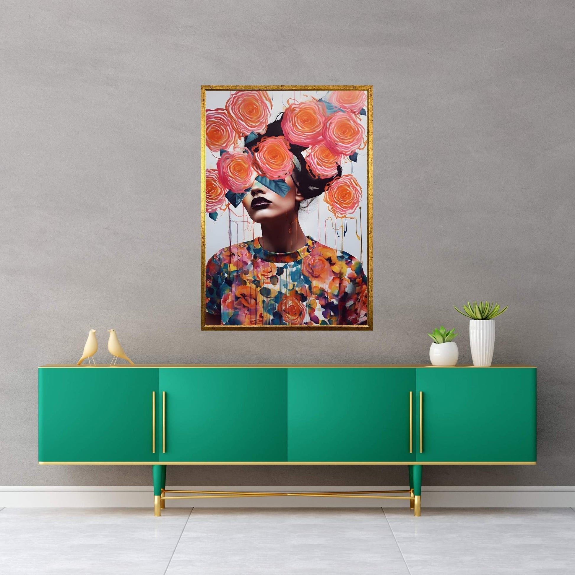 Woman Portrait Flower Head Canvas Wall Art - Y Canvas