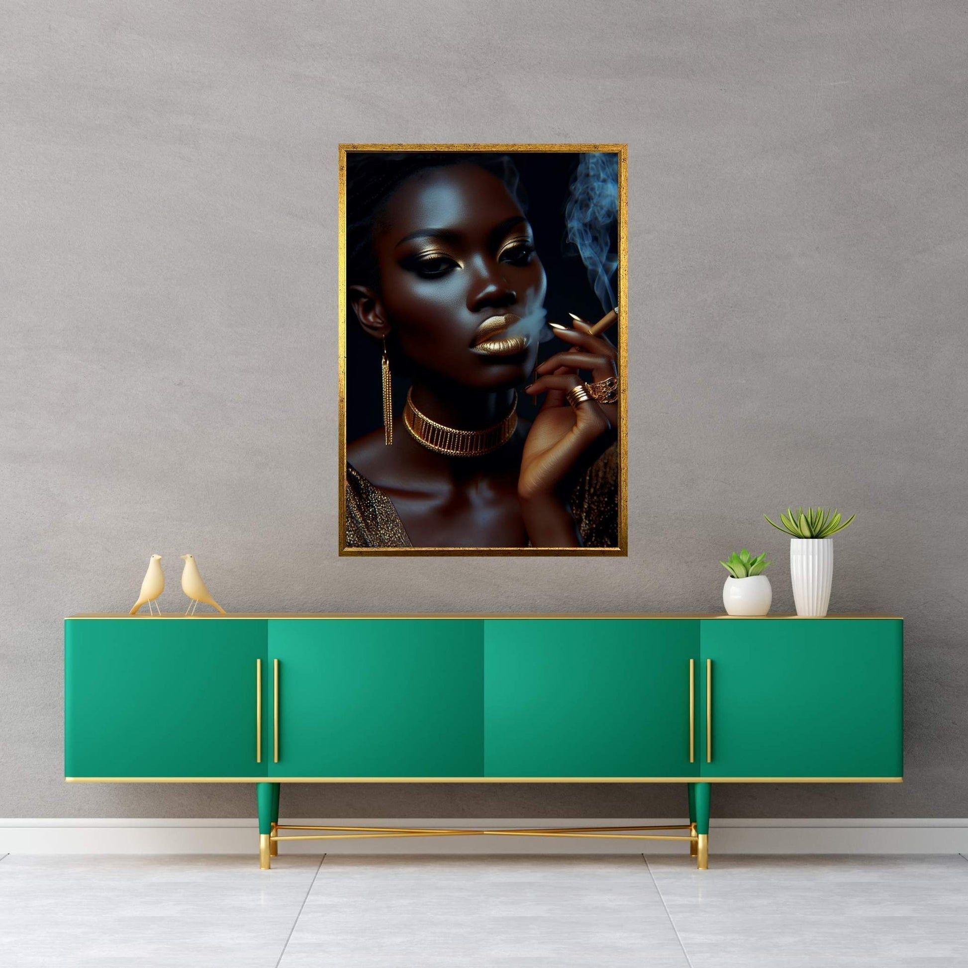 African Black Woman Gold Make-up Smoke Canvas Portrait Canvas Wall Art - Y Canvas