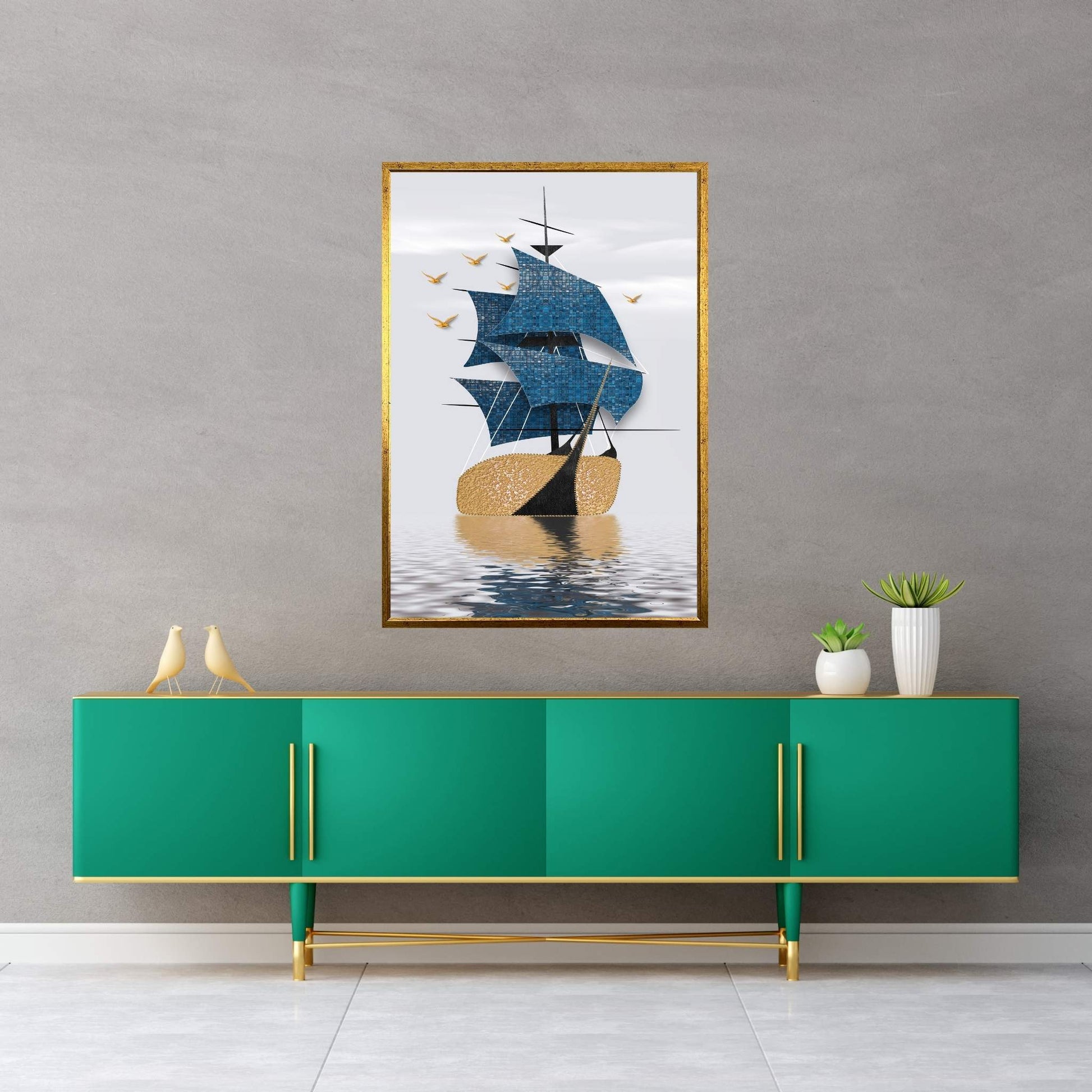 Blue Gold Boat, Ship Landscape, Birds, Sea Canvas Wall Art Print - Y Canvas