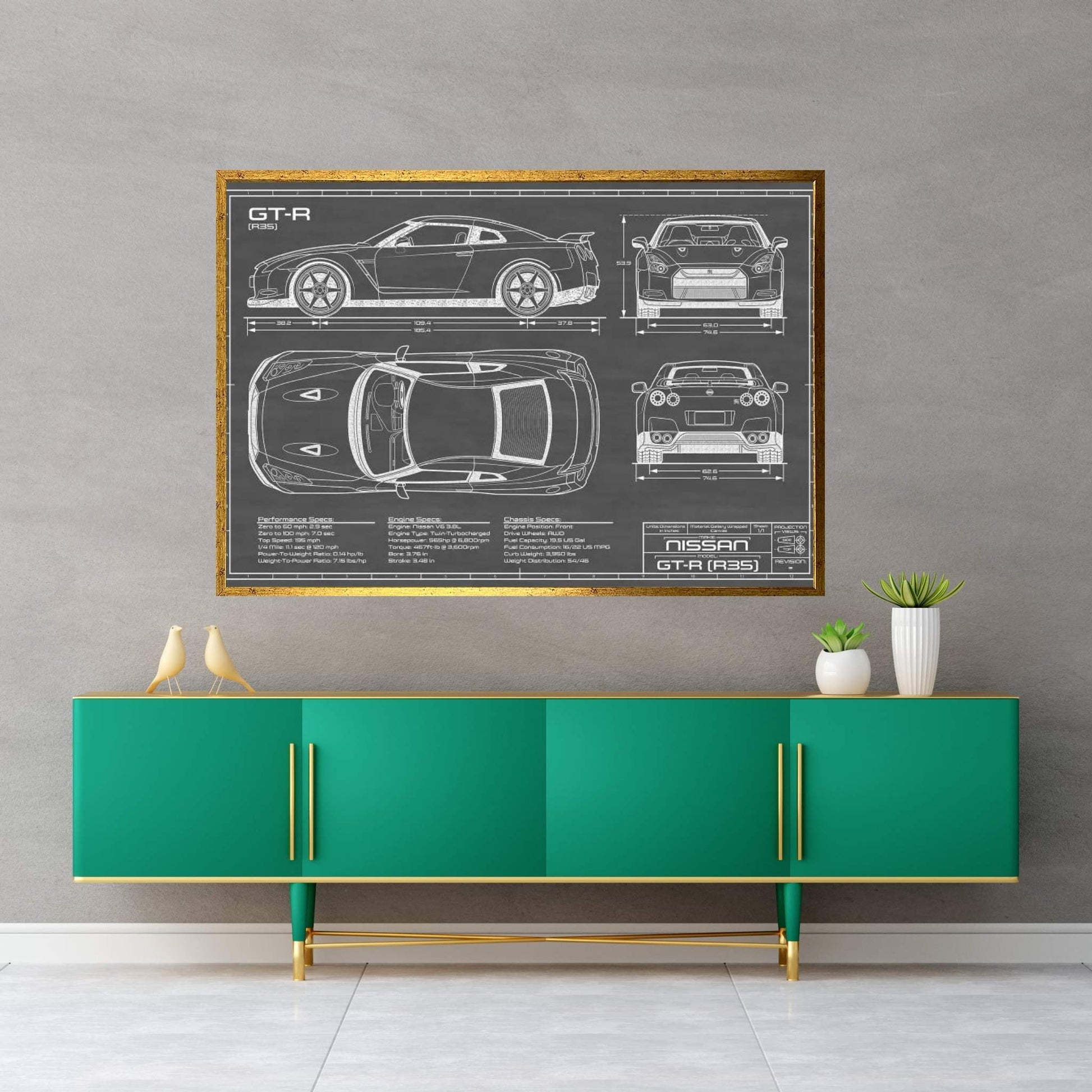 Nissan GT-R (R35) Skyline | Black Canvas Wall Art - Y Canvas