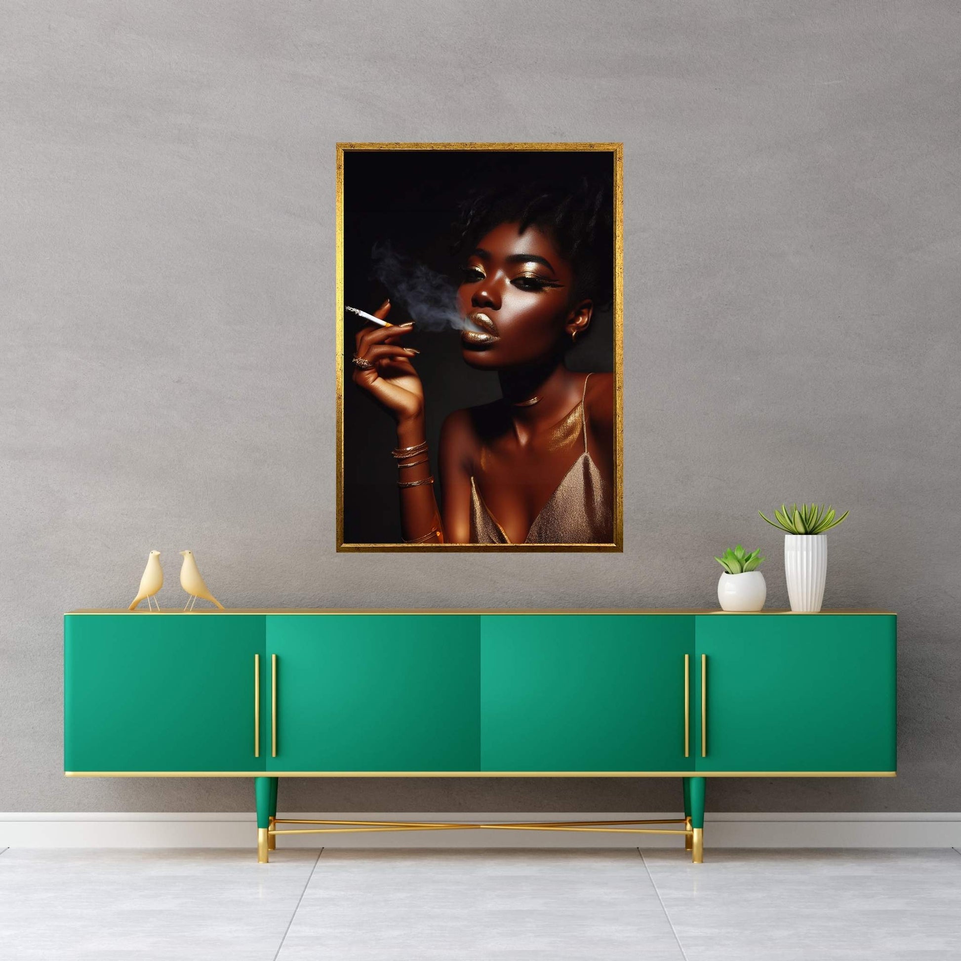 African Black Woman Gold Make-up Smoke Canvas Portrait Canvas Wall Art - Y Canvas