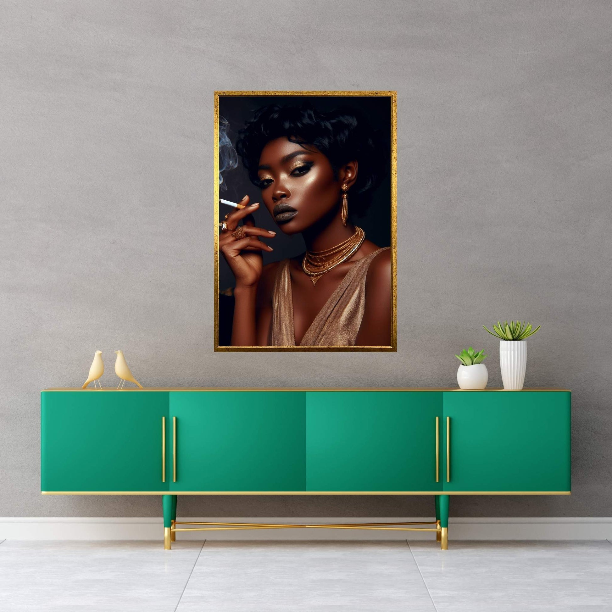 African Black Woman Gold Make-up Smoke Canvas Portrait Canvas Wall Art - Y Canvas