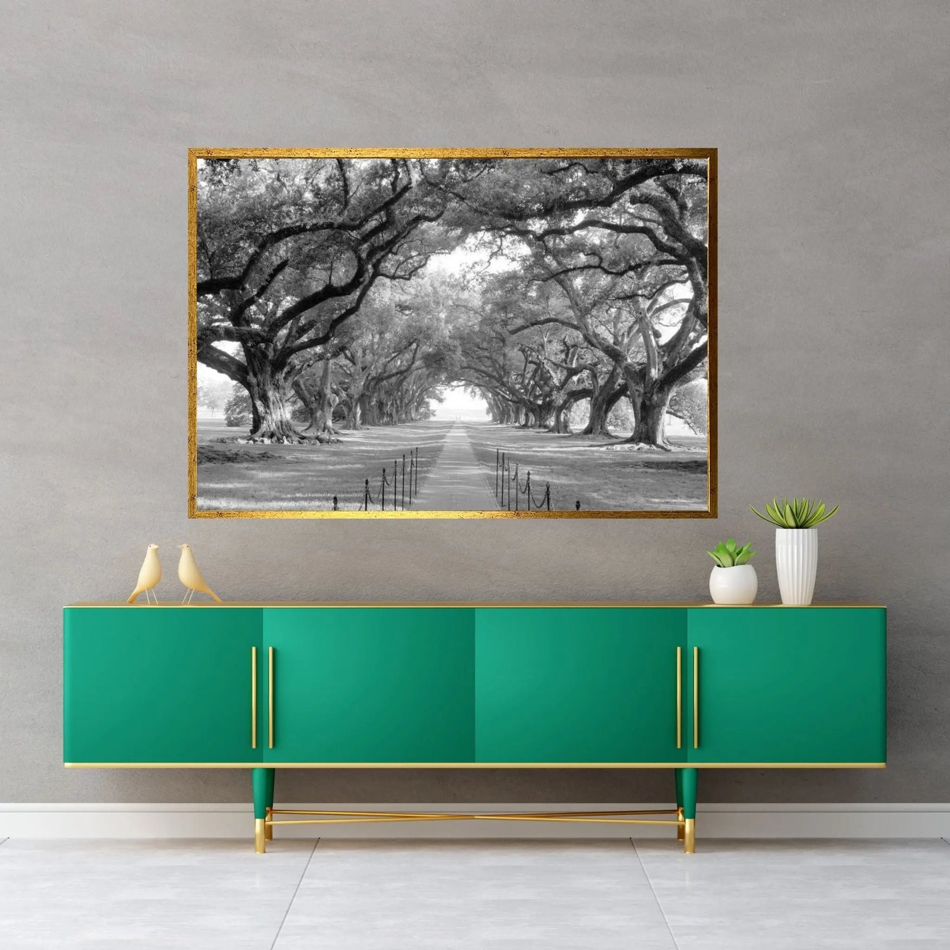 Brick Path Through Alley Of Oak Trees, Louisiana, New Orleans, USA (Black And White) I Canvas Wall Art - Y Canvas