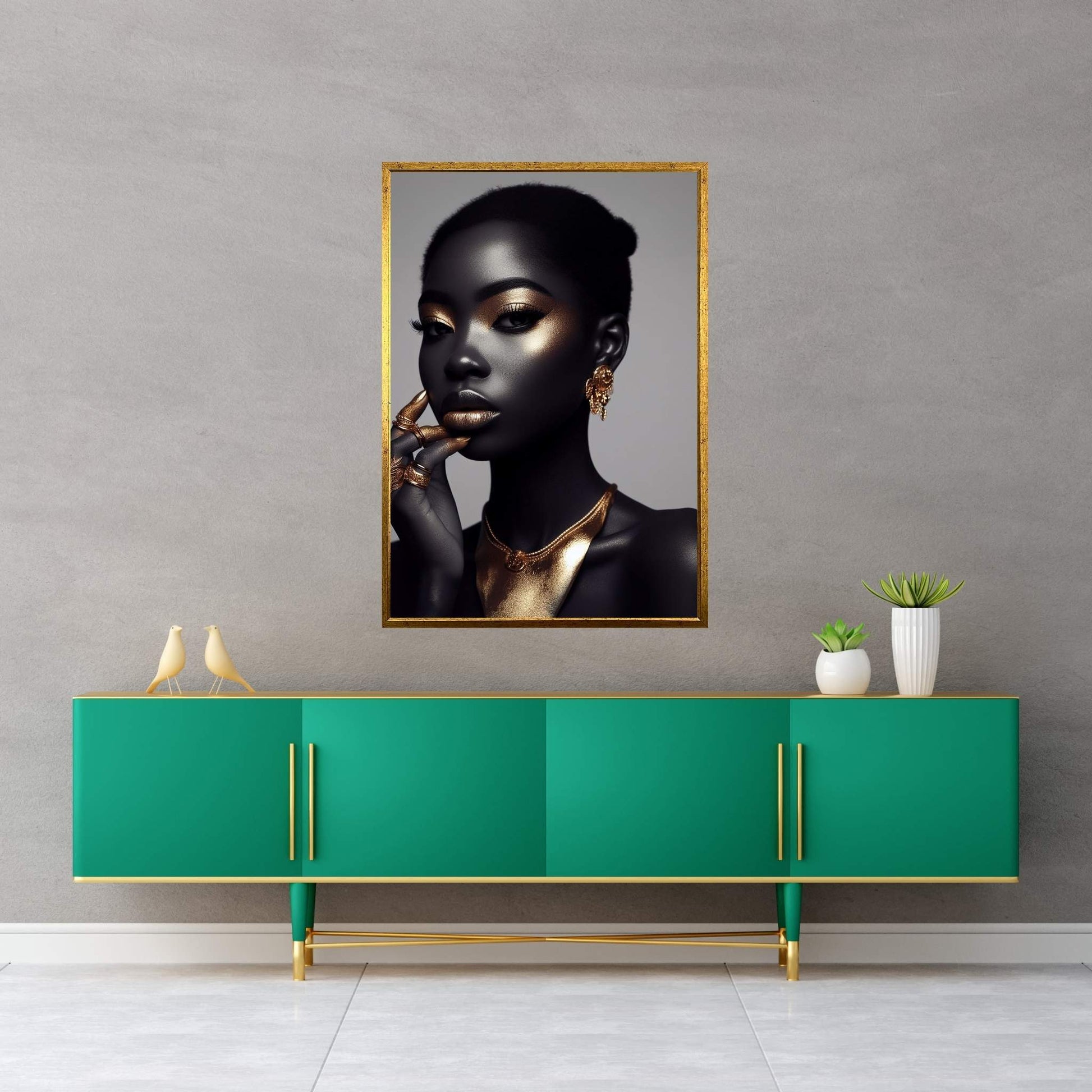 African Black Woman Gold Make-up Canvas Portrait Canvas Wall Art - Y Canvas