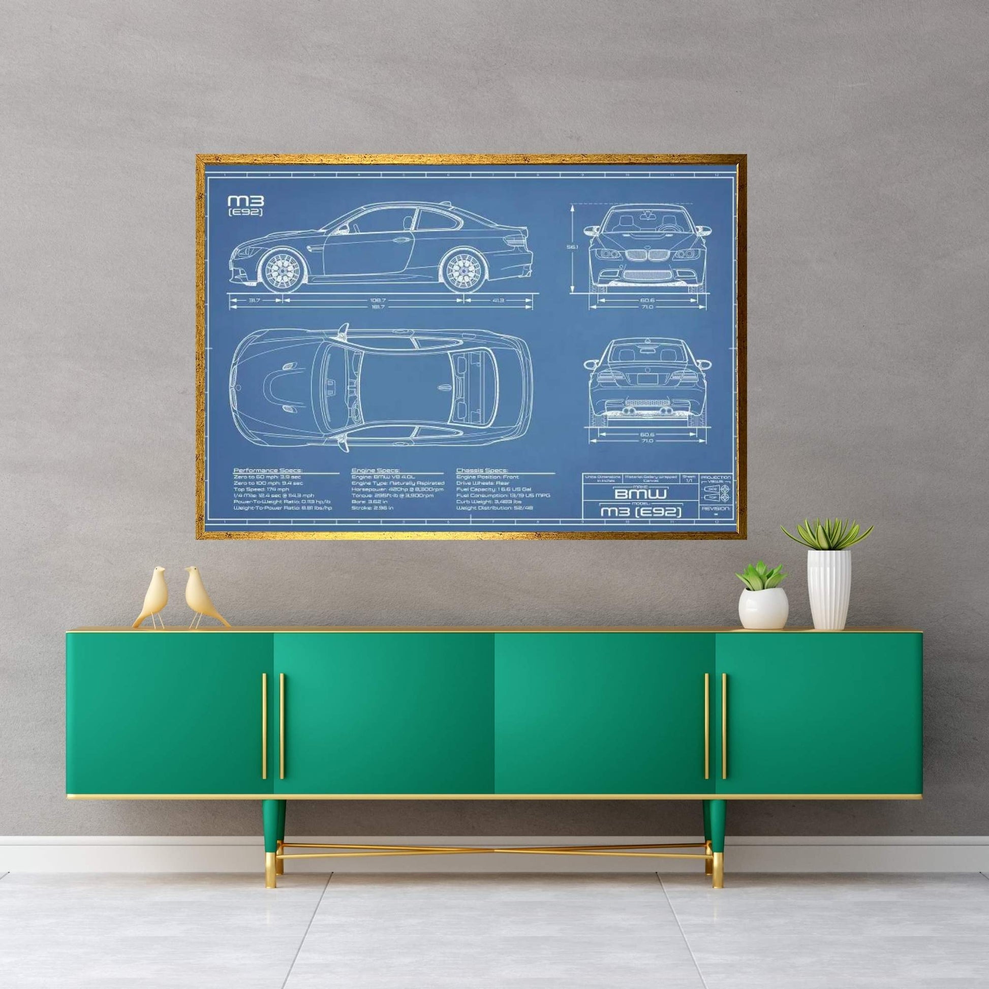 BMW M3 (E92) Blueprint Canvas Wall Art - Y Canvas