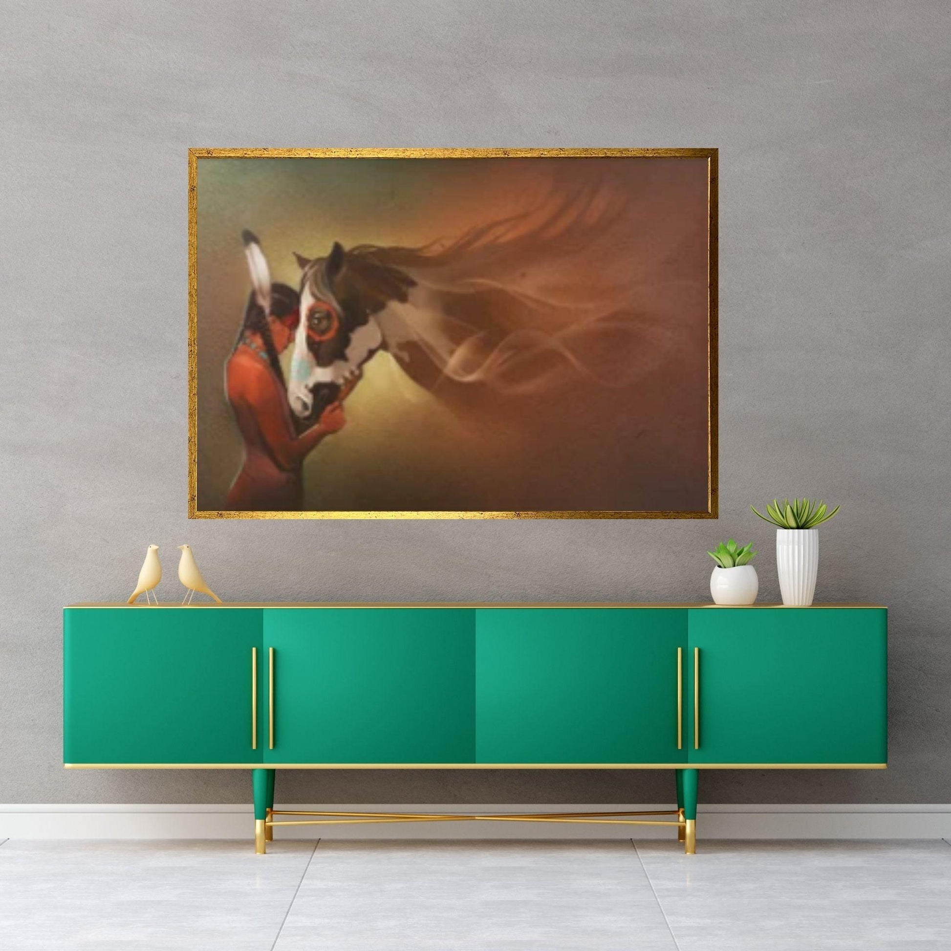 Indian Art Native American Girl and Horse Love Canvas Wall Art, Indian Decor Decorative Wall Art - Y Canvas