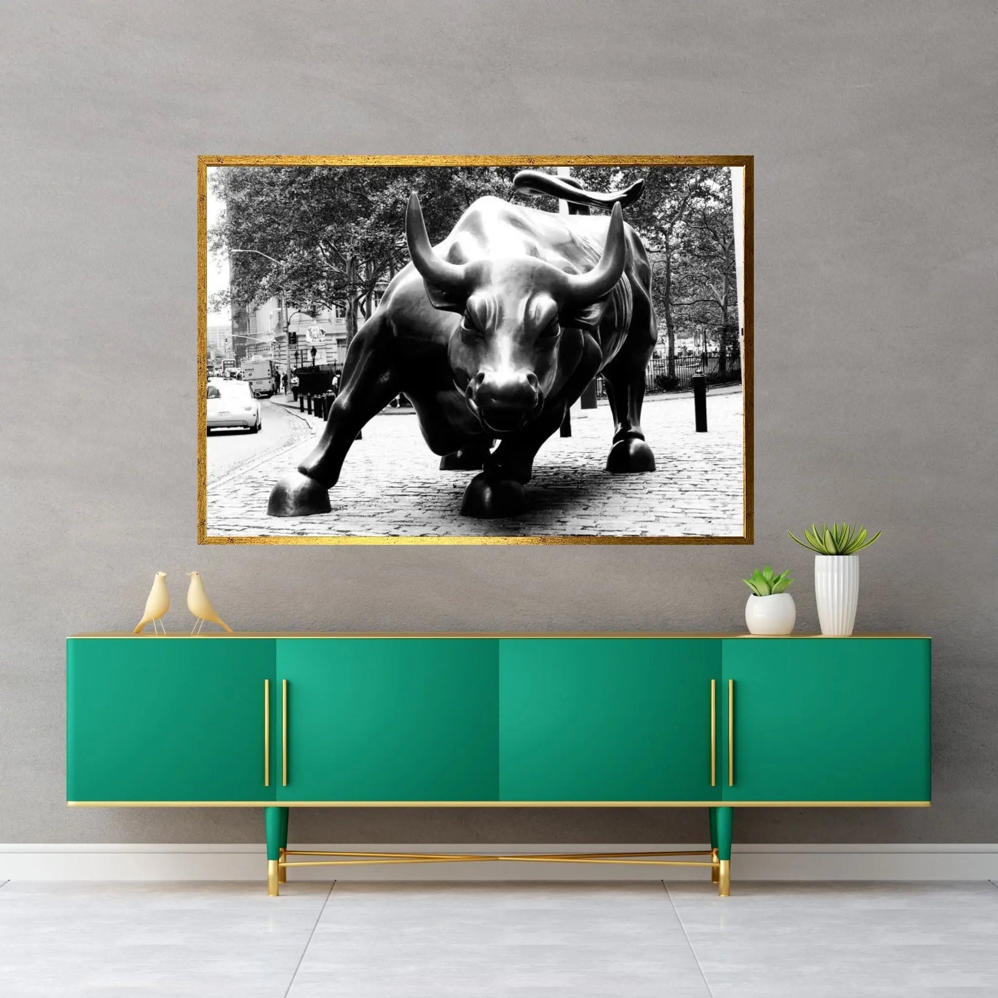 Wall Street Bull Black & White Canvas Wall Art - Y Canvas