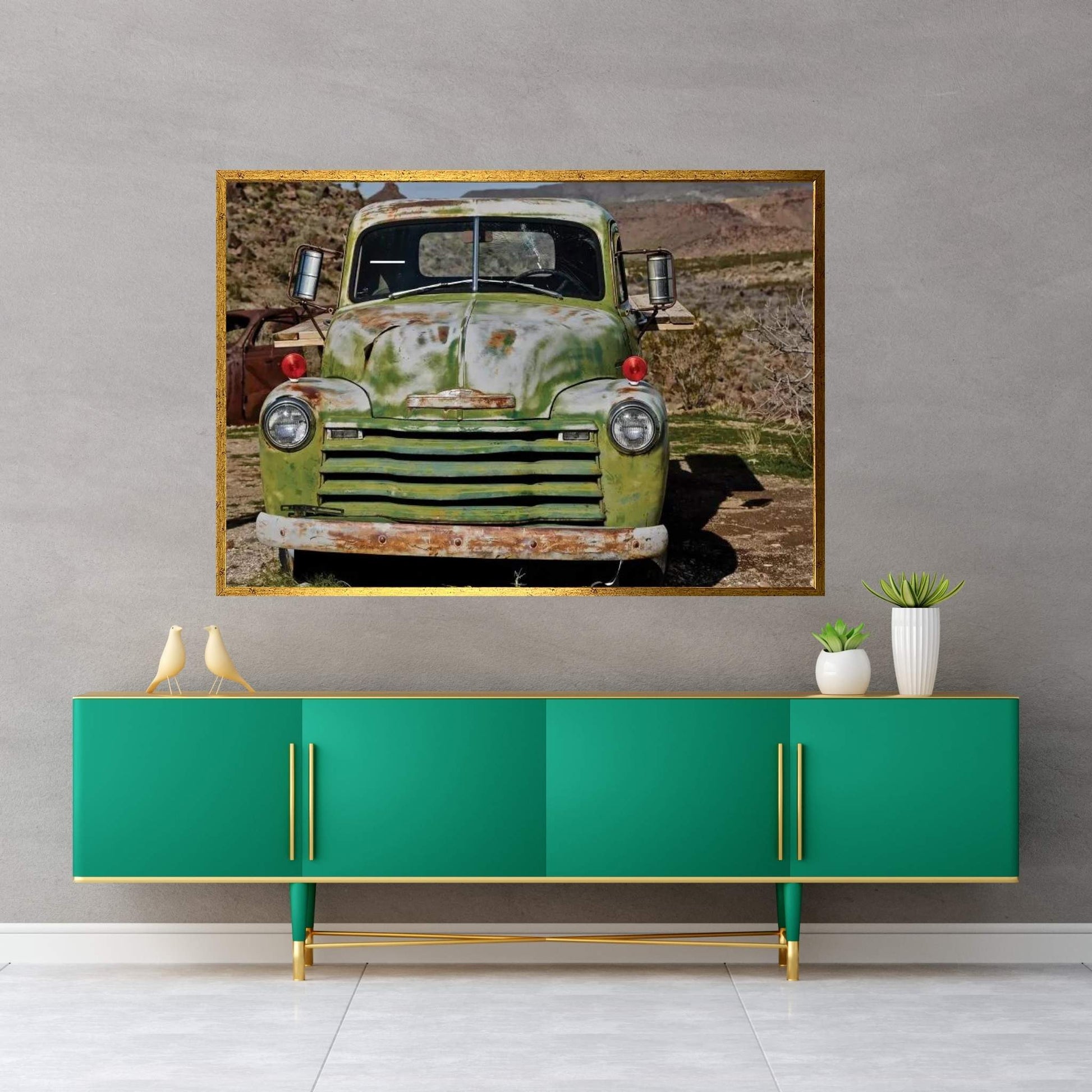 Green Chevorlet Route 66 Canvas Wall Art - Y Canvas