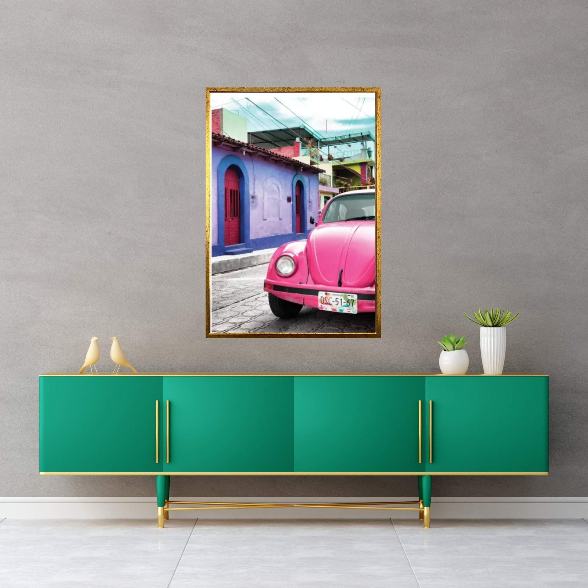 Pink VW Beetle Car Canvas Wall Art - Y Canvas