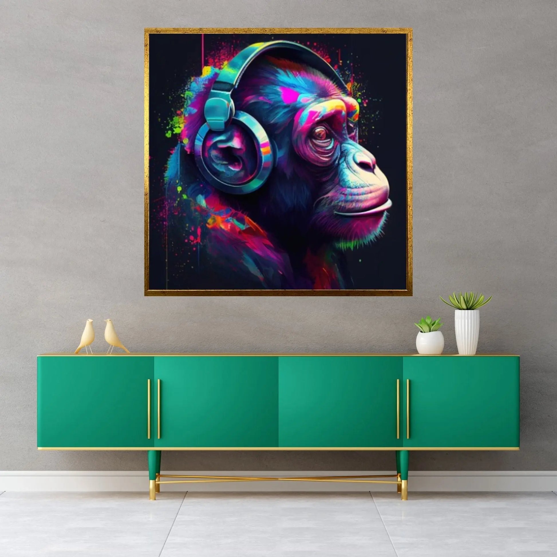 Monkey Headphones Canvas Wall Art, Abstract Decor, Monkey Decor, Monkey DJ, Banksy Monkey - Y Canvas