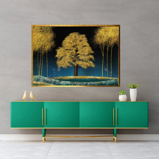 3d modern canvas wall art print poster art mural wallpaper landscape moon, golden christmas trees - Y Canvas