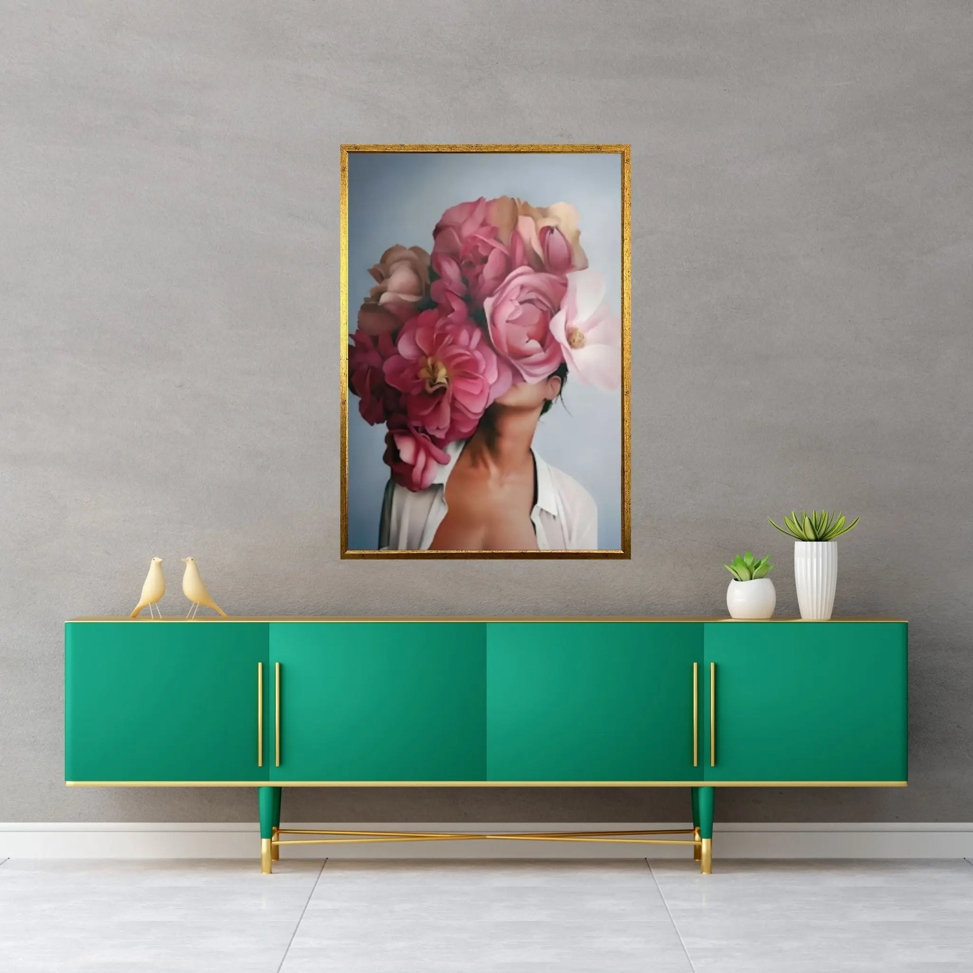 Pink Flower-Headed Woman Canvas Painting - Y Canvas