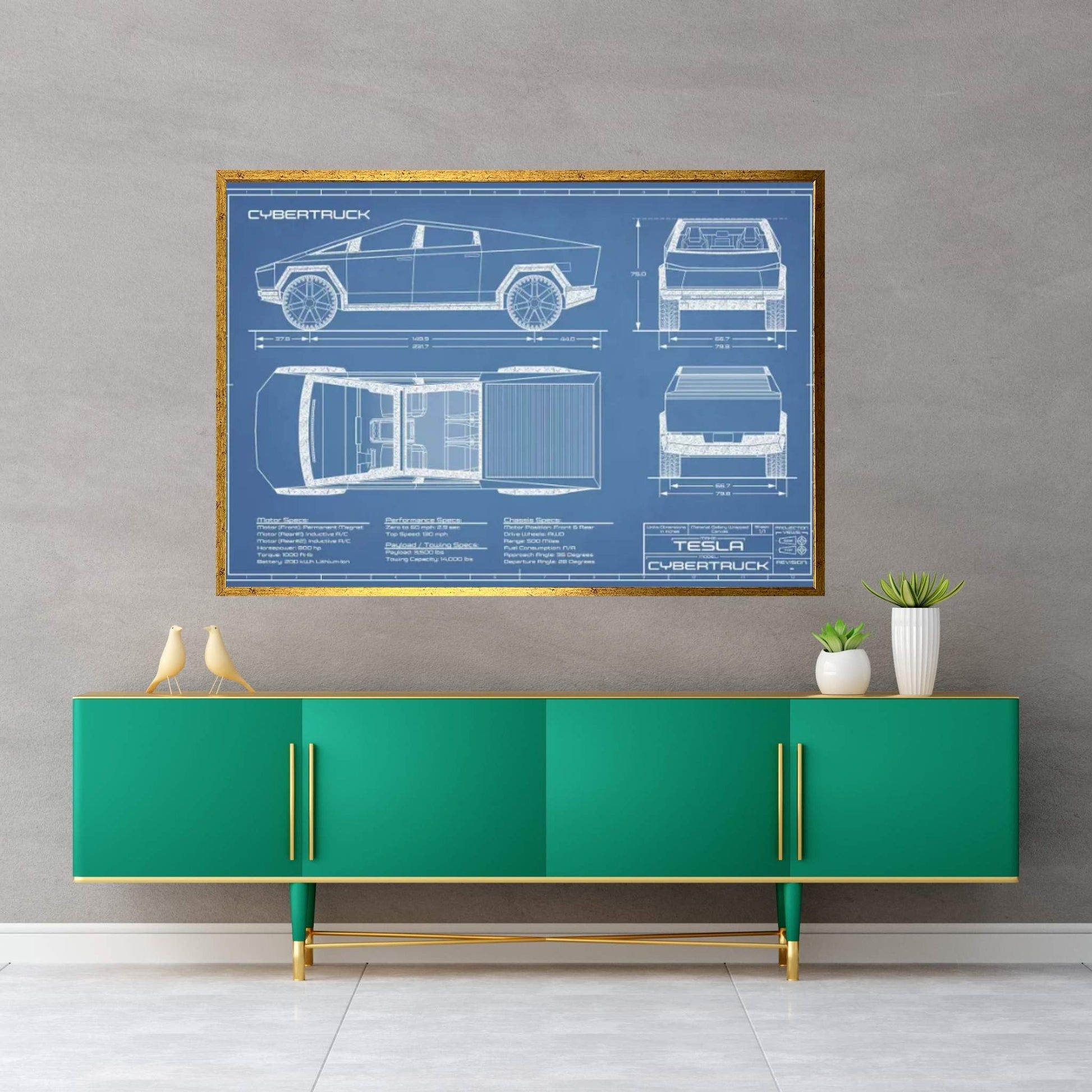 Tesla Cybertruck (2020-2022) Blueprint Canvas Wall Art - Y Canvas