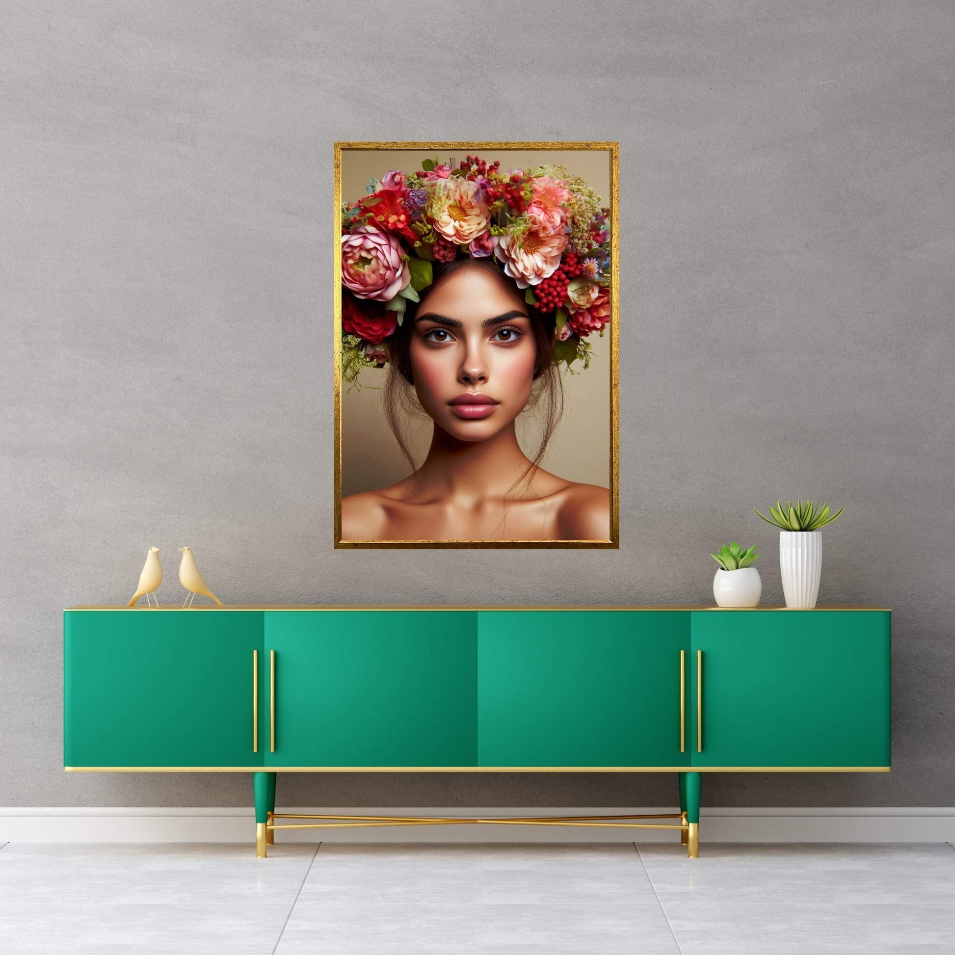 Woman Portrait Flower Head Canvas Wall Art - Y Canvas