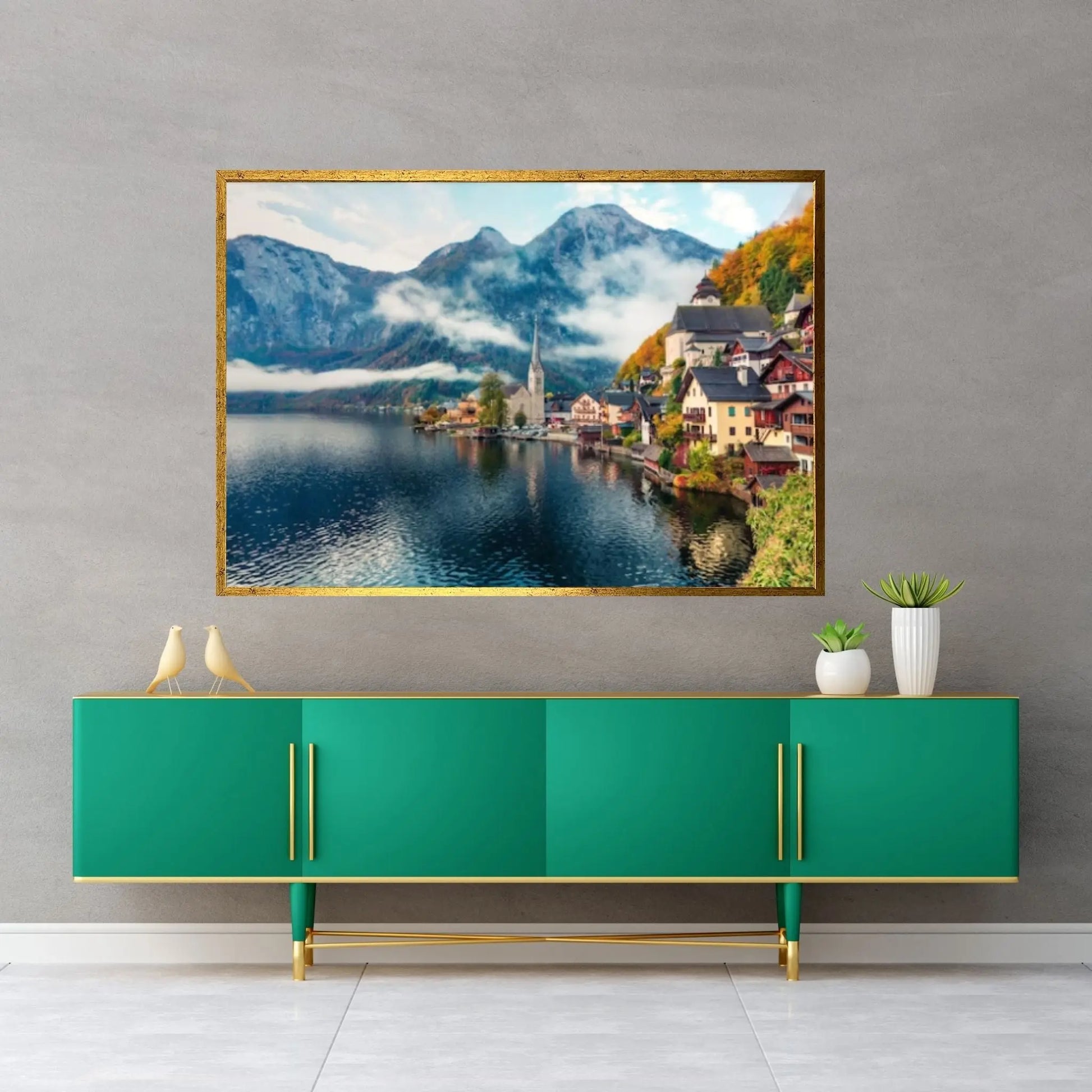 Austria Landscape Canvas Wall Art Misty autumn scene of Hallstatt Lake, Austria's mountainous Salzkammergut - Y Canvas