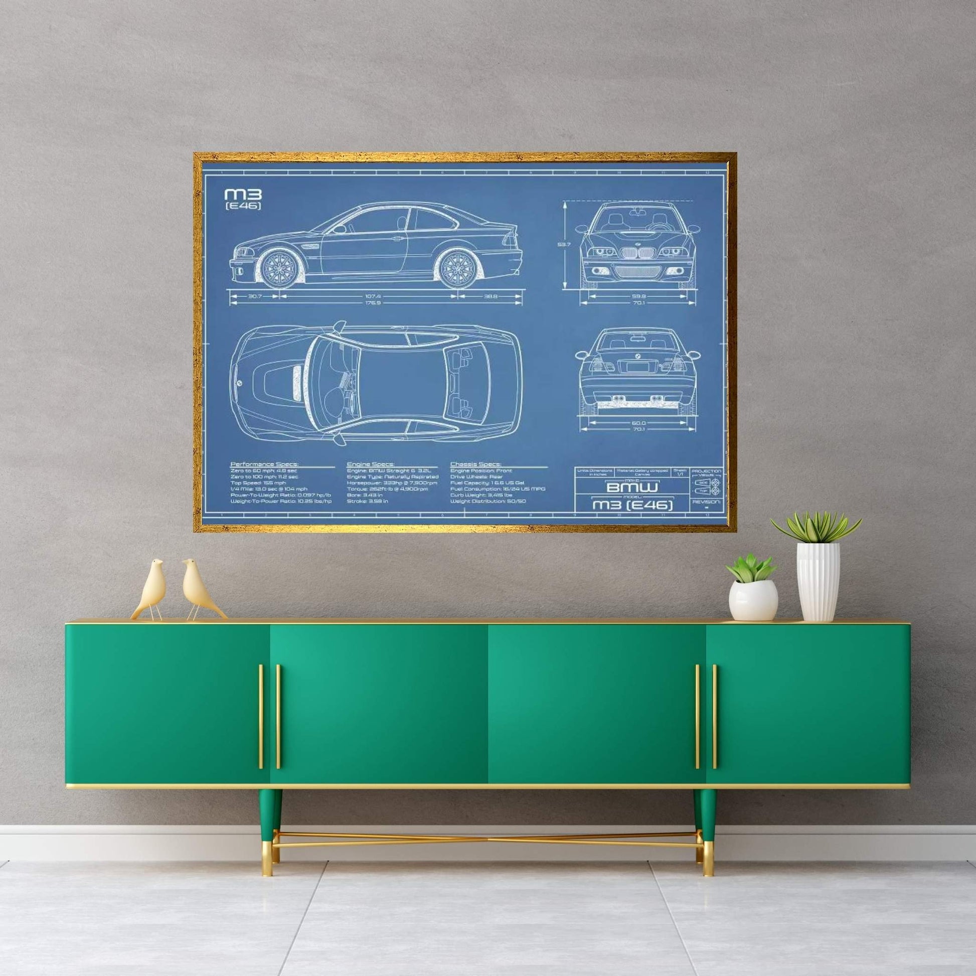 BMW M3 (E46) Blueprint Canvas Wall Art - Y Canvas