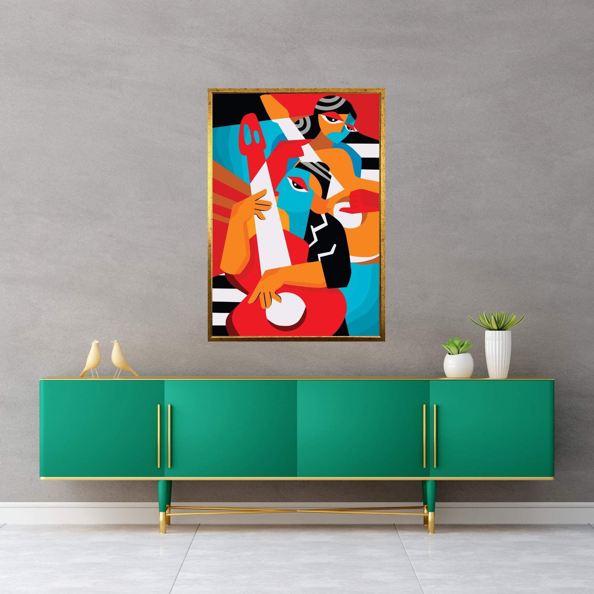 Husband and Wife Couple Playing Picasso Style Musical Instruments Canvas Wall Art - Y Canvas