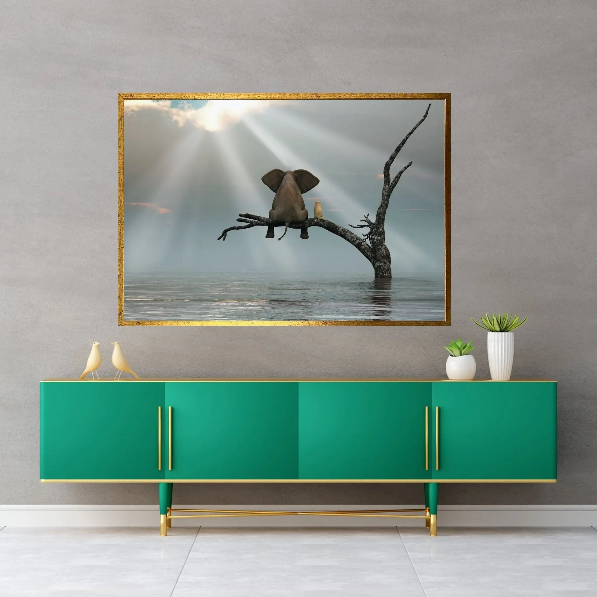 Elephant And Dog Are Sitting On A Tree Fleeing A Flood Canvas Wall Art - Y Canvas