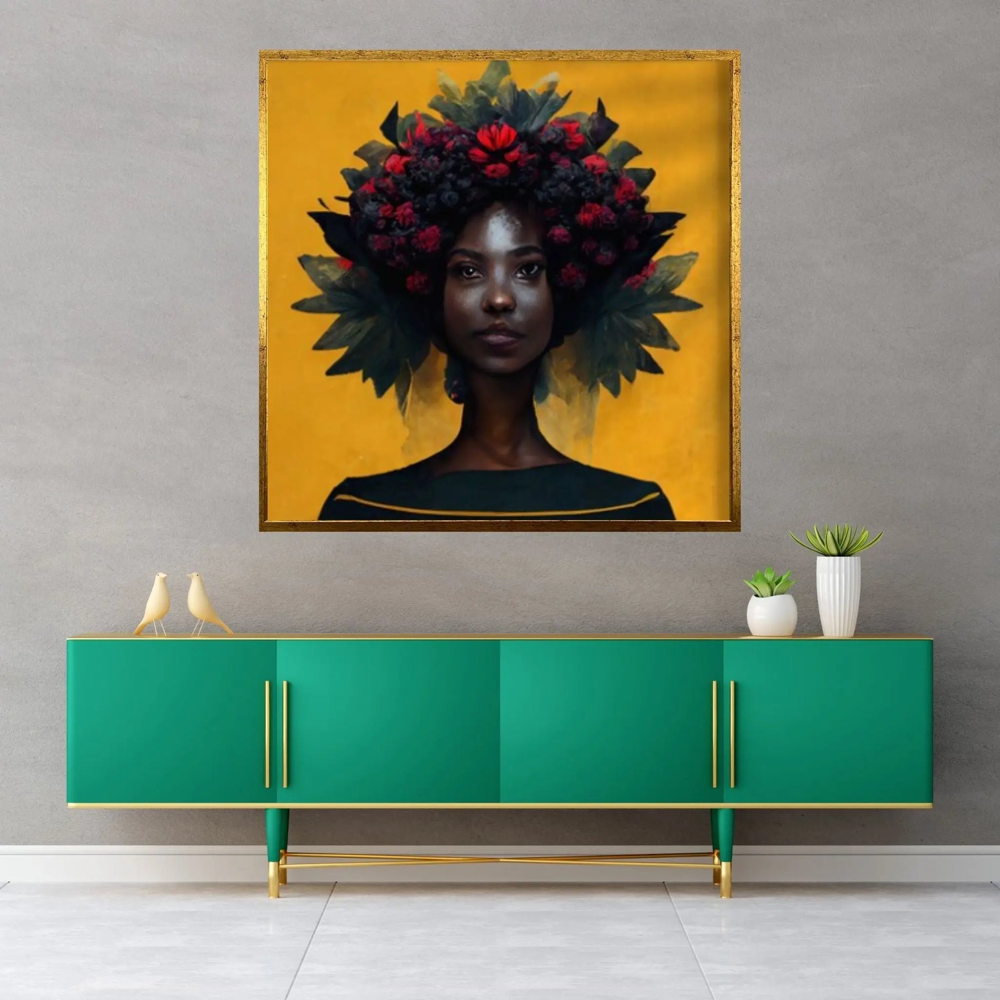 Black woman head flowers Canvas wall art,Black art, Black girl print, flower woman painting, Girl Flowers Poster - Y Canvas