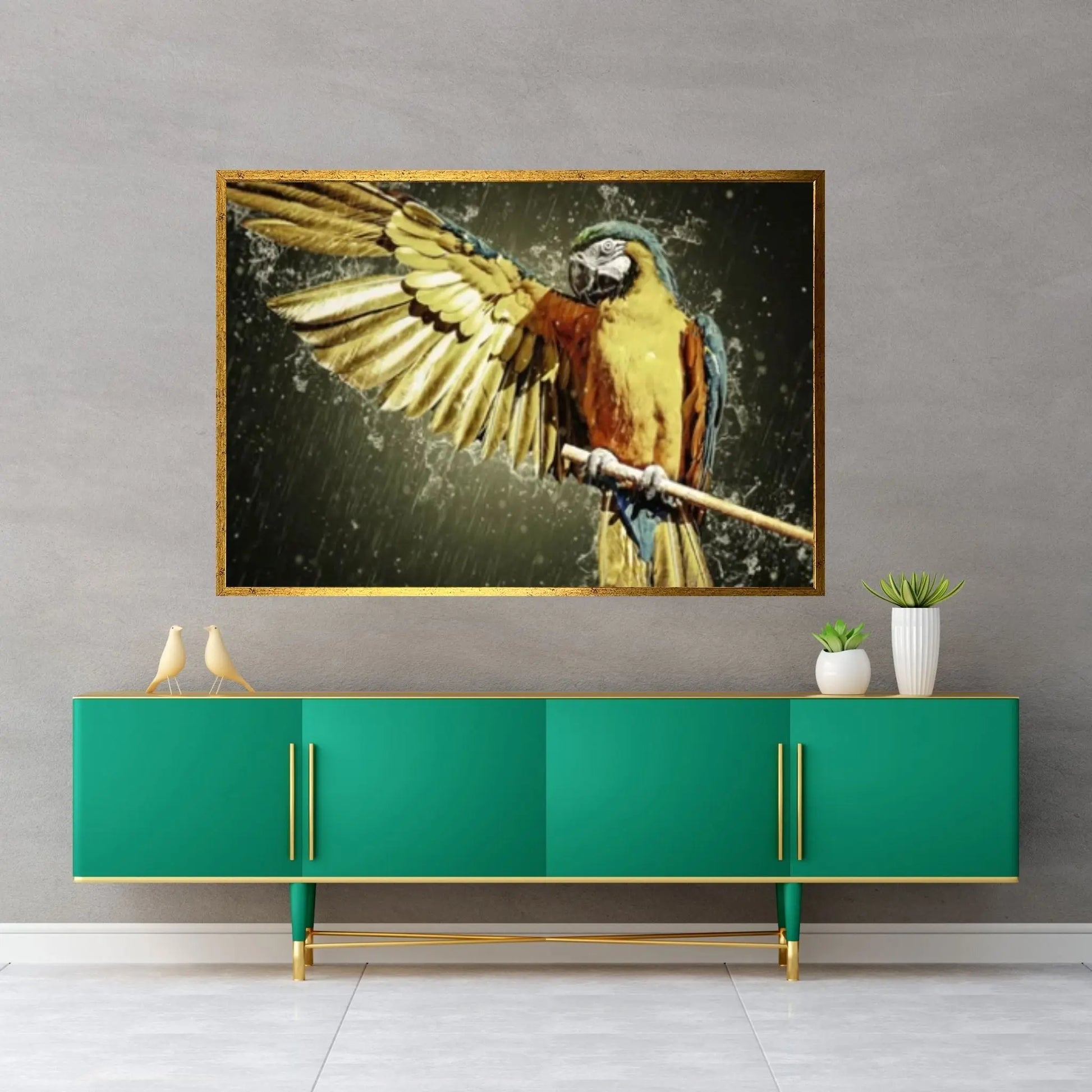 Yellow Colored Parrot Getting Wet in the Rain Canvas Wall Art, Animal Kingdom Poster - Y Canvas