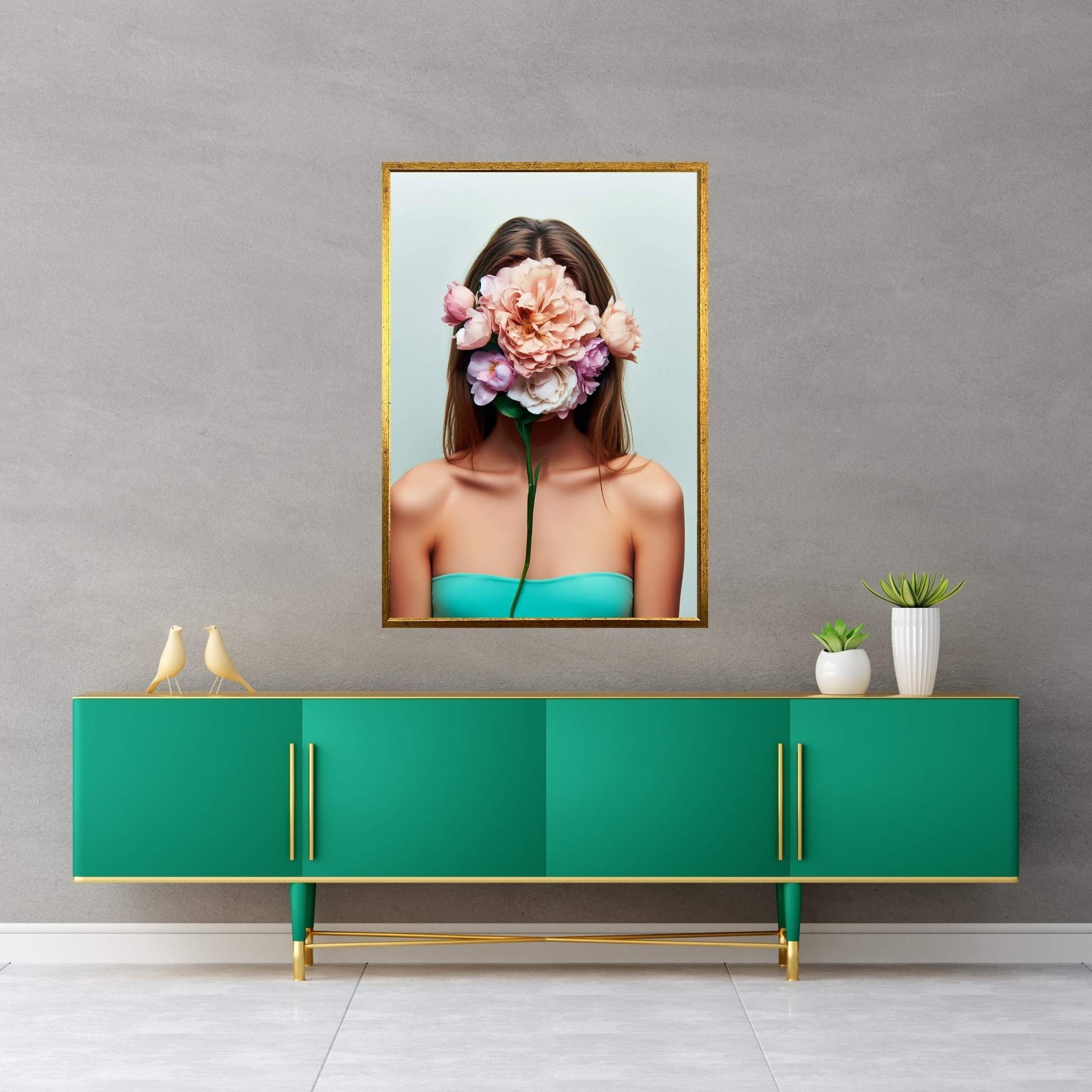 Woman Portrait Flower Head Canvas Wall Art - Y Canvas