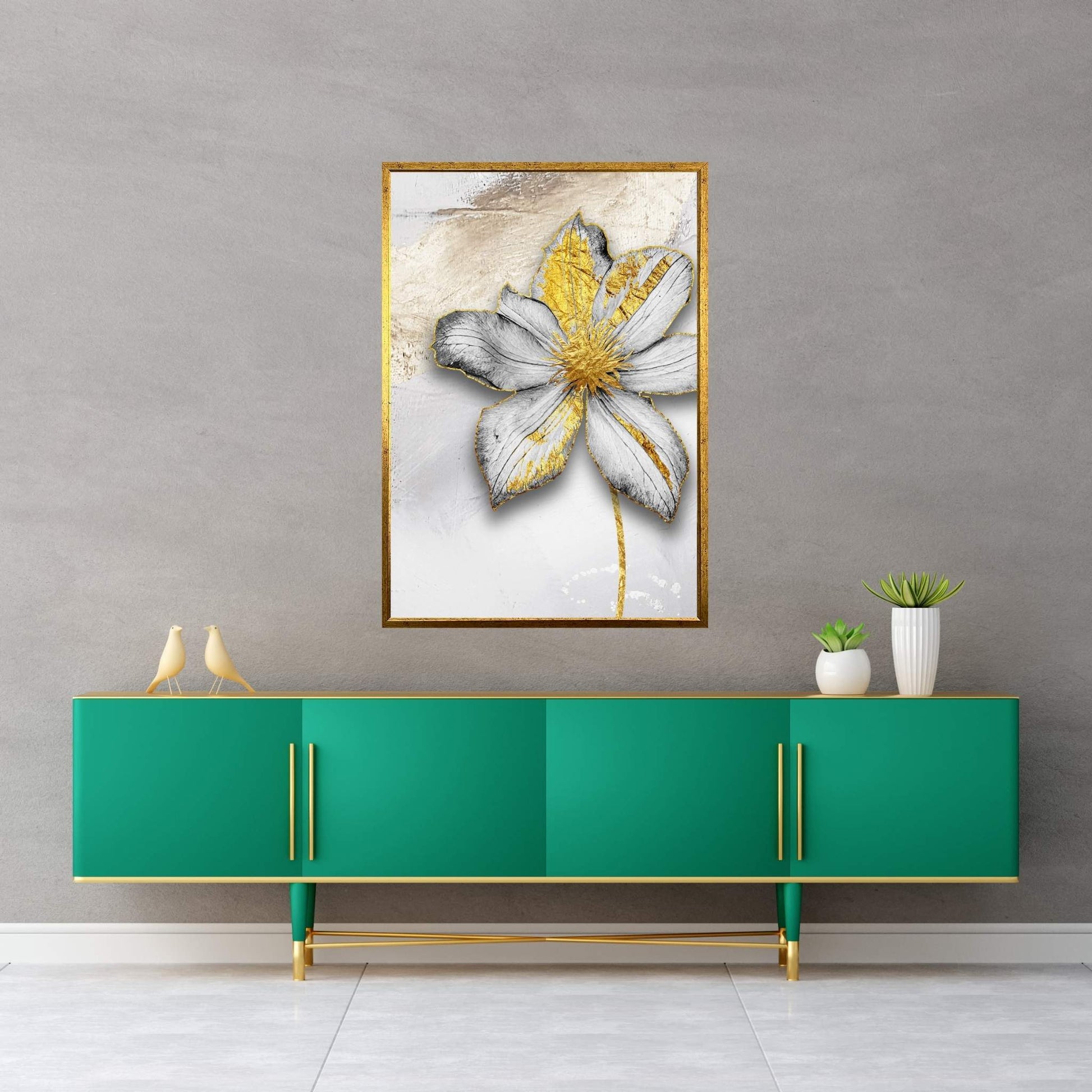 White Flower with Gold Detail Modern Abstract Canvas Wall Art - Y Canvas