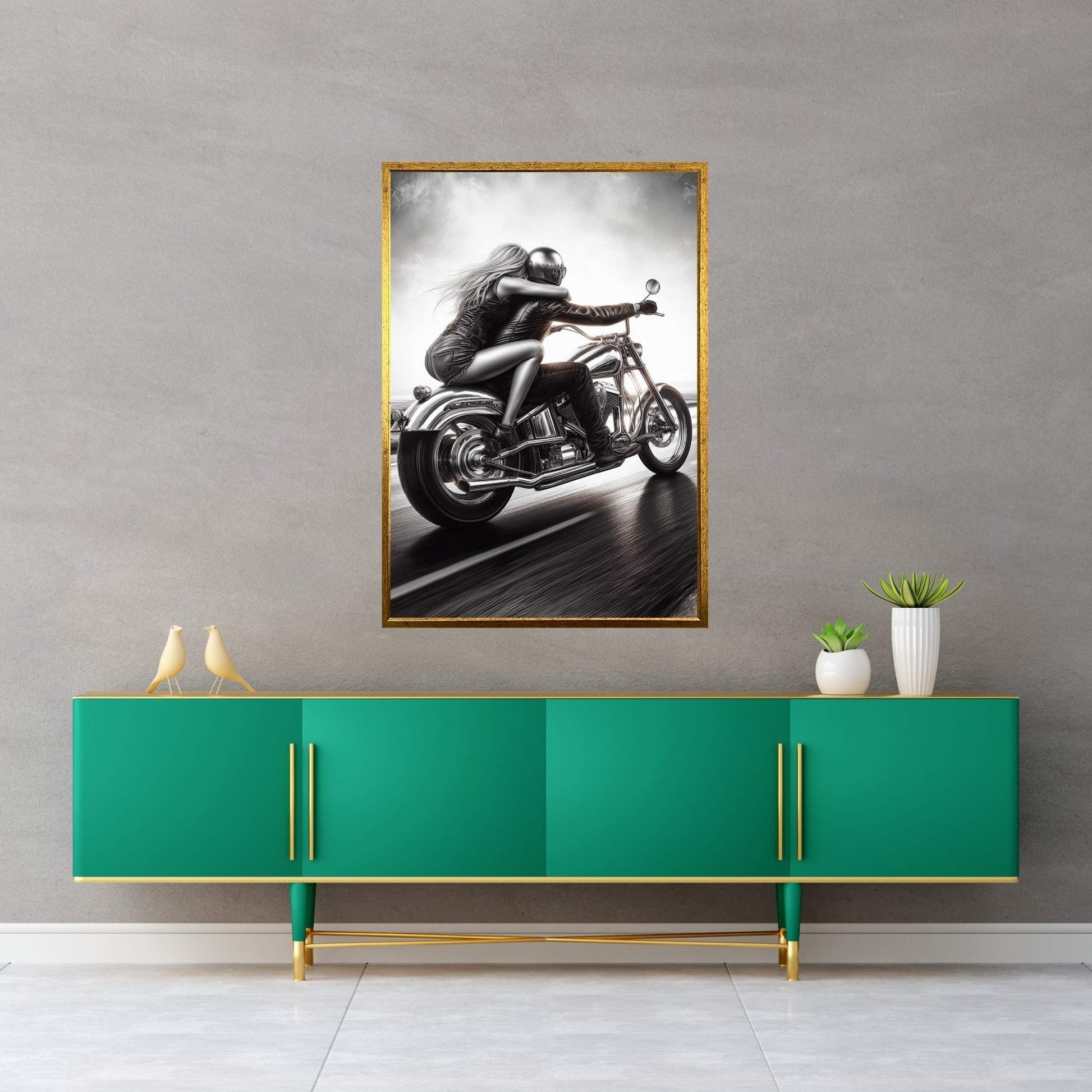 Metallic Couple Eiding A Motorcycle Canvas Wall Art - Y Canvas