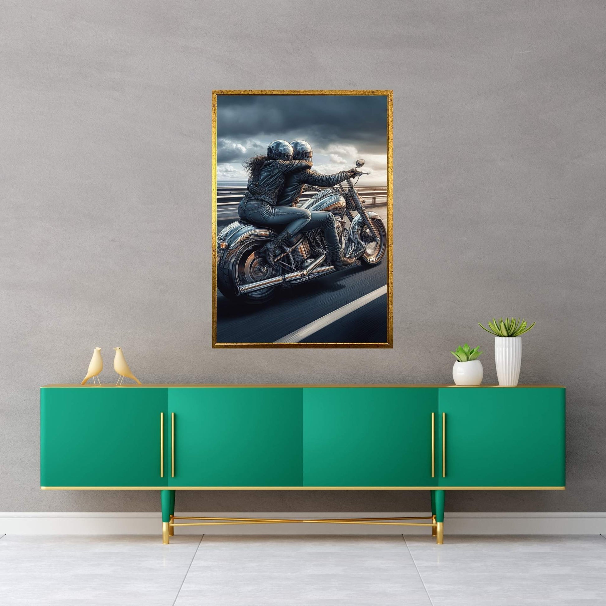 Metallic Couple Eiding A Motorcycle Canvas Wall Art - Y Canvas